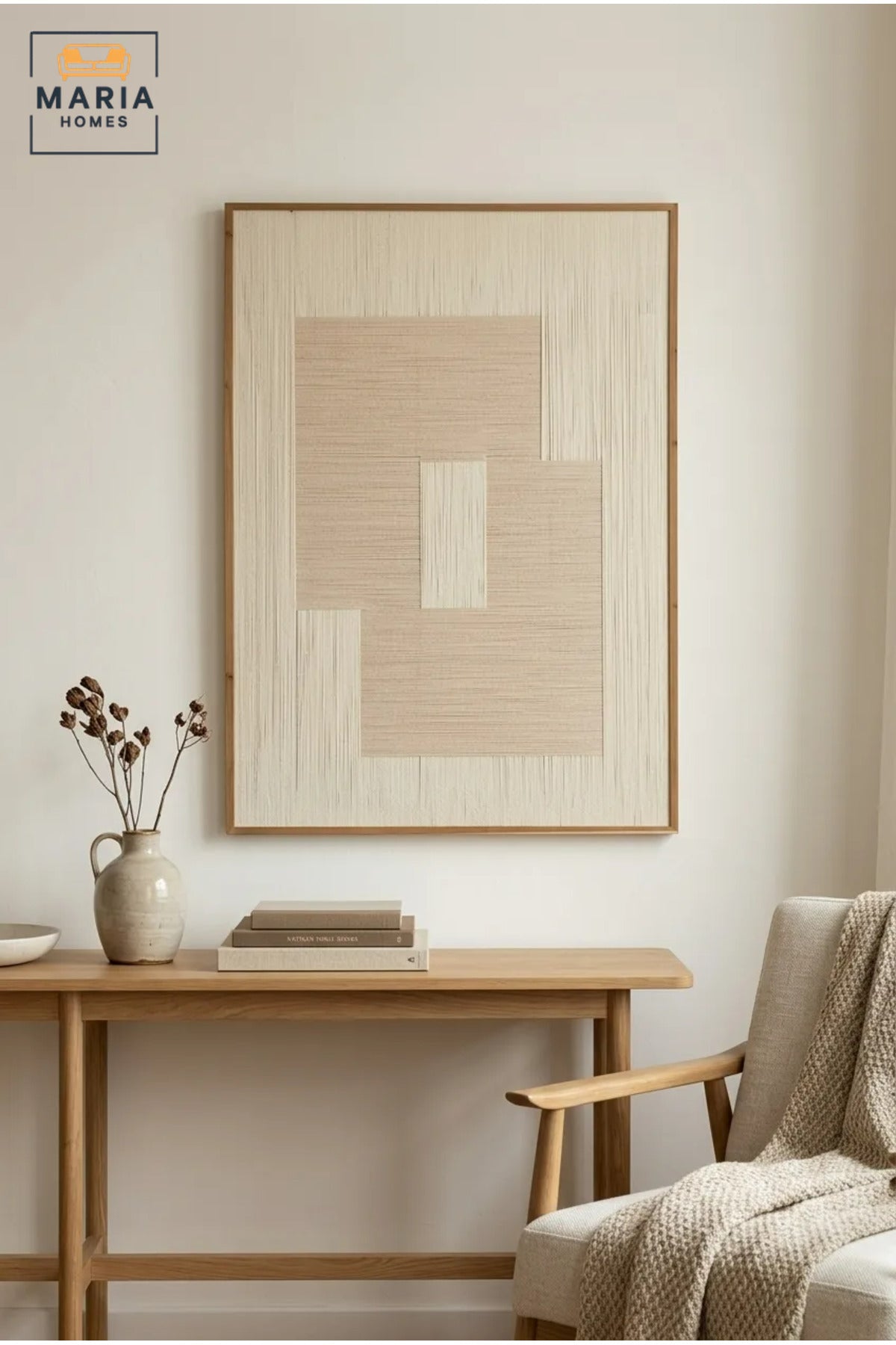 Modern Abstract Textured Wall Art with Natural Wood Frame, Beige and Cream Geometric Canvas Print for Living Room, Bedroom, Hallway and Office Décor