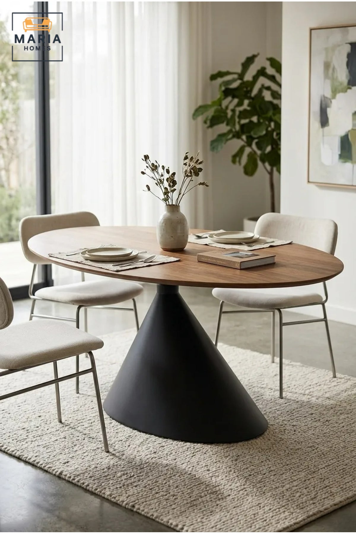 Modern Oval Dining Table with Wooden Top and Sculptural Cone Pedestal Base, Contemporary Table for Dining Room, Kitchen, Café and Restaurant