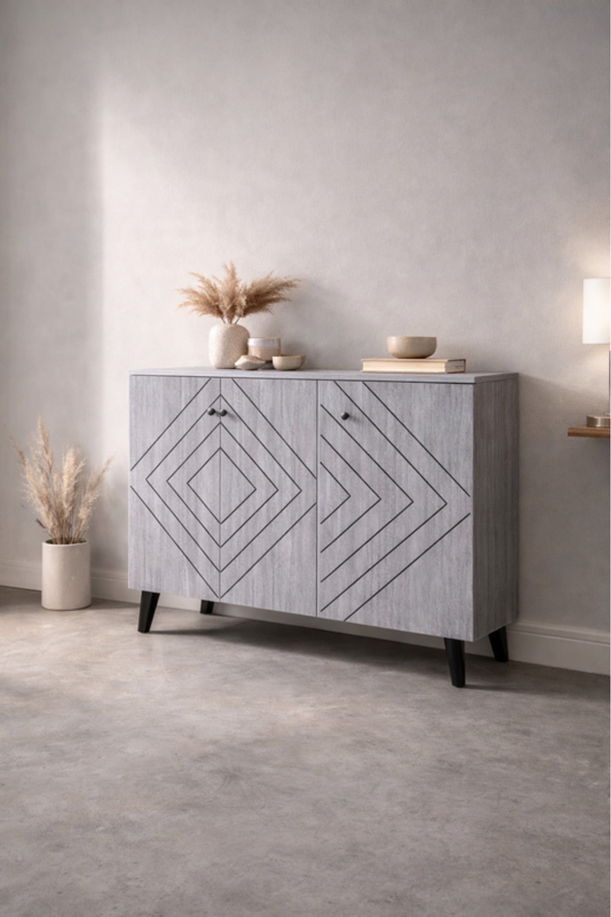 Elegant Grey Shoe Cabinet Geometric Pattern 3-Door Hallway Storage Organizer Unit 120cm