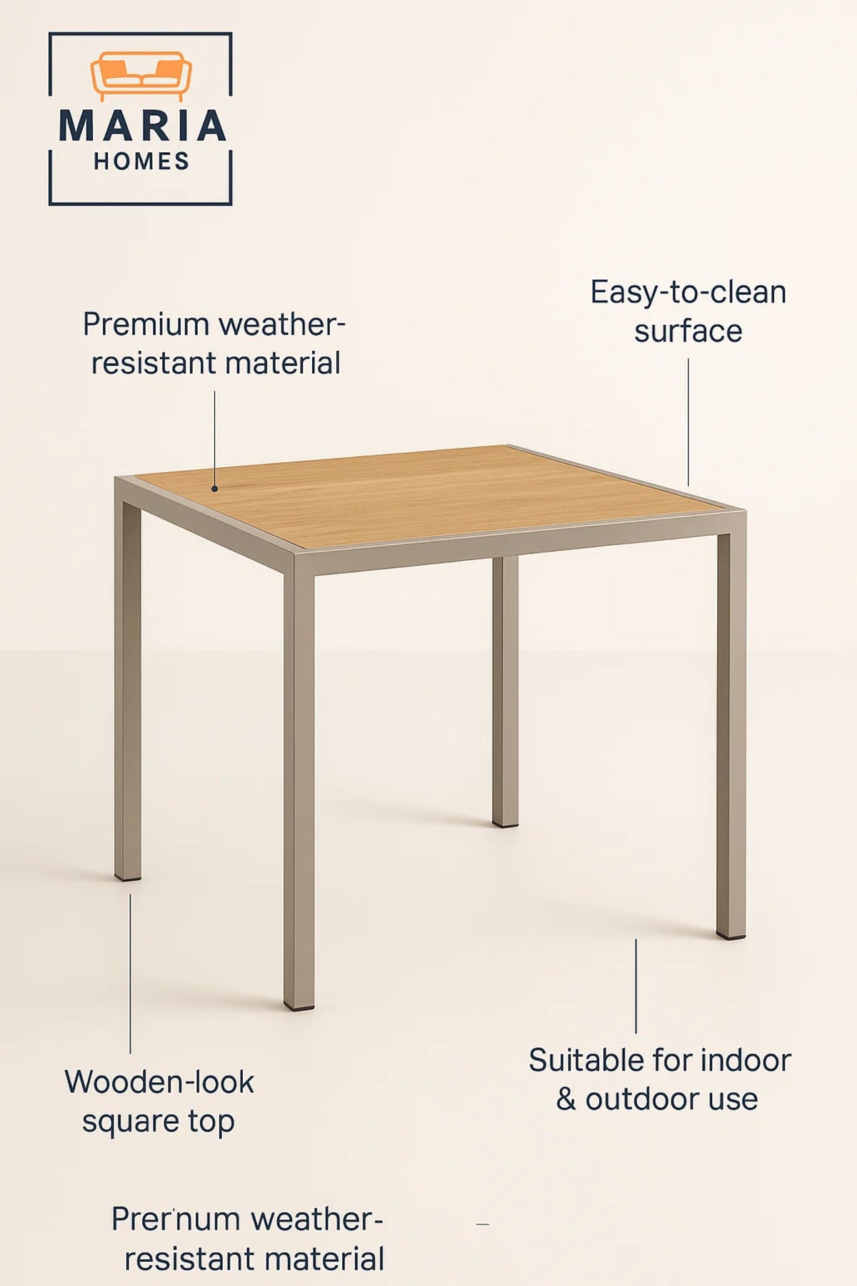 Modern Square Dining Table 80x80x75 | Light Wood Top | Metal Frame Indoor Outdoor Use