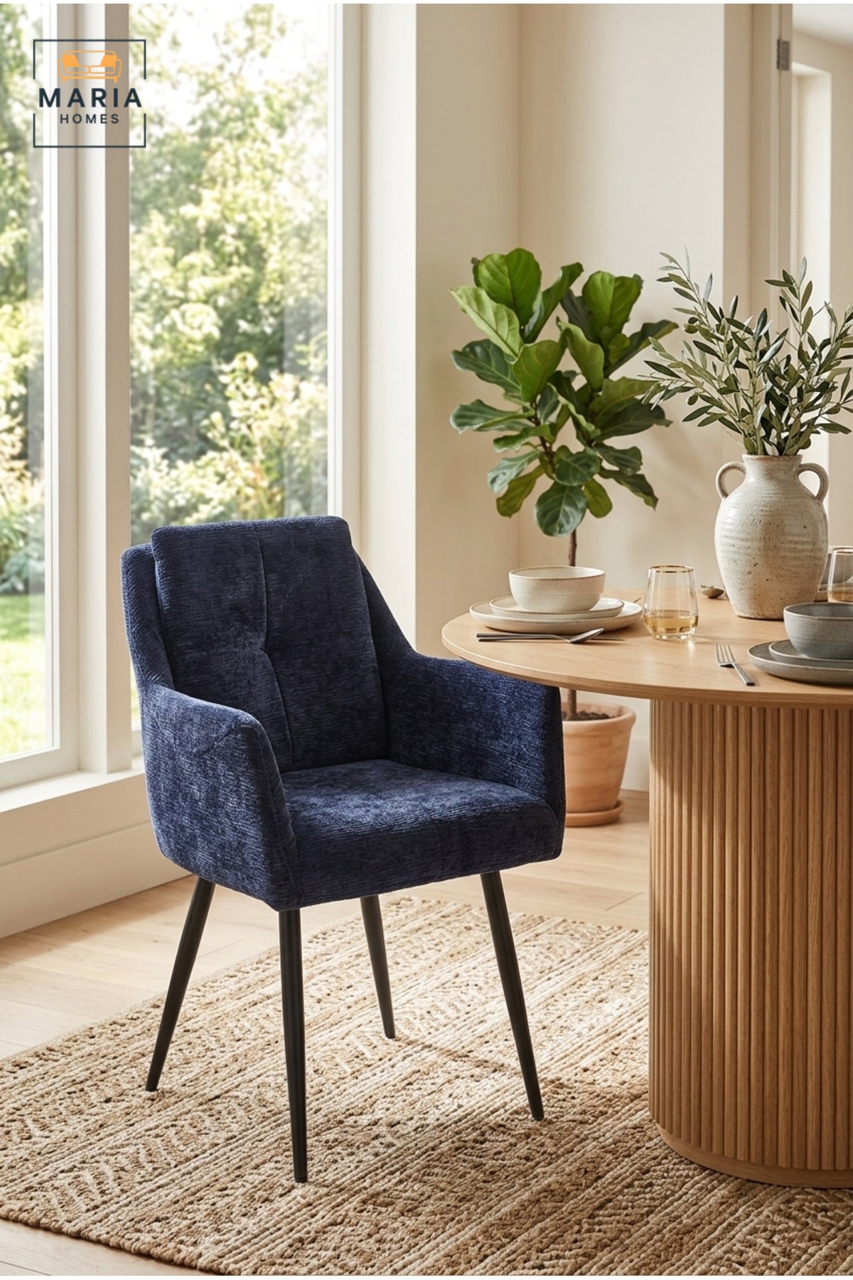Modern Blue Upholstered Dining Chair with Armrests & Metal Legs for Dining Room Furniture