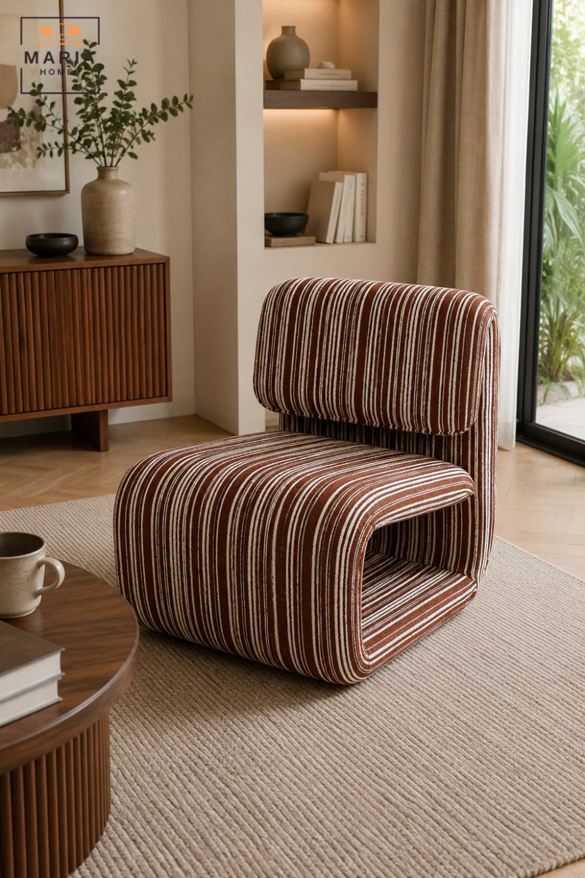 Modern Striped Upholstered Accent Chair with Curved Sled Base & Padded Backrest | Contemporary Lounge Chair for Living Room, Bedroom & Reception
