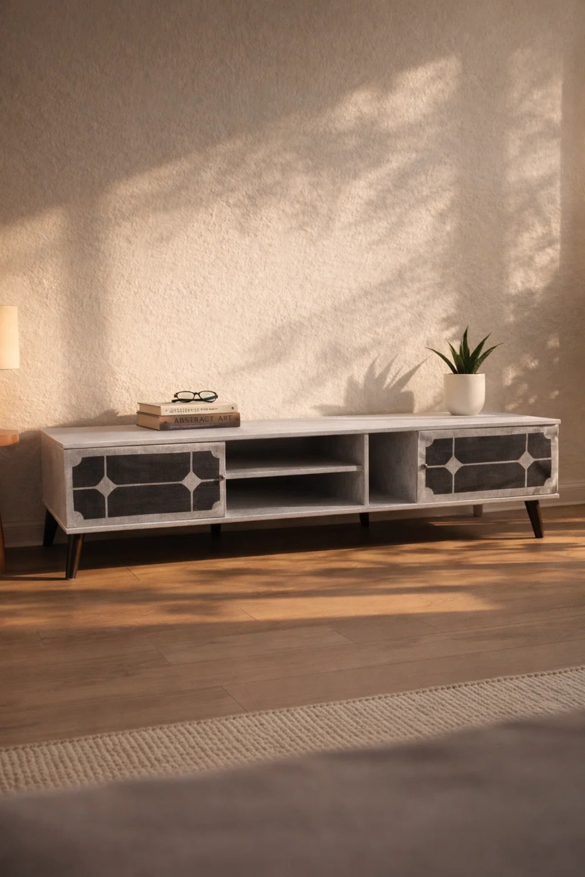 Stylish Grey TV Unit 200cm Wide Media Cabinet with Storage and Geometric Design for Living Room