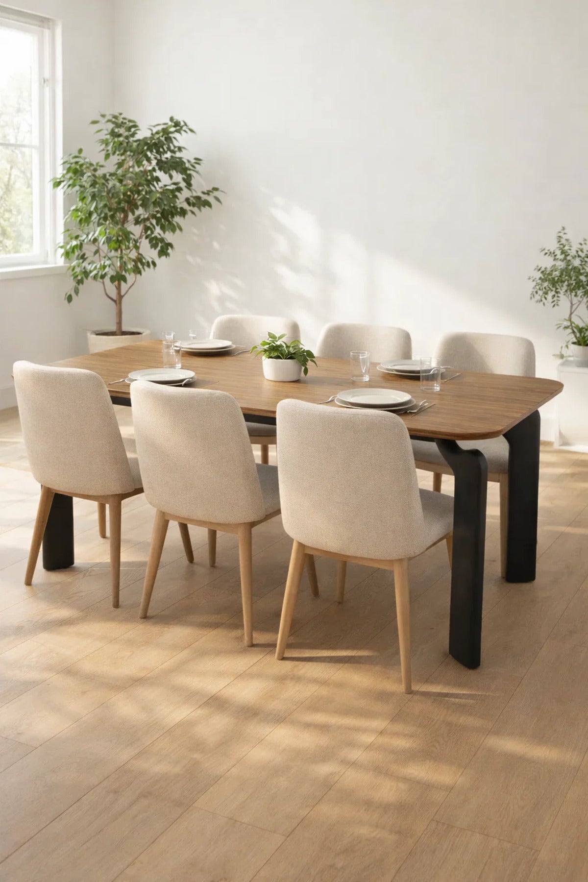 Modern Brown Dining Table Ð 150_90_76 cm | Elegant Wooden Top Table with Curved Black Legs