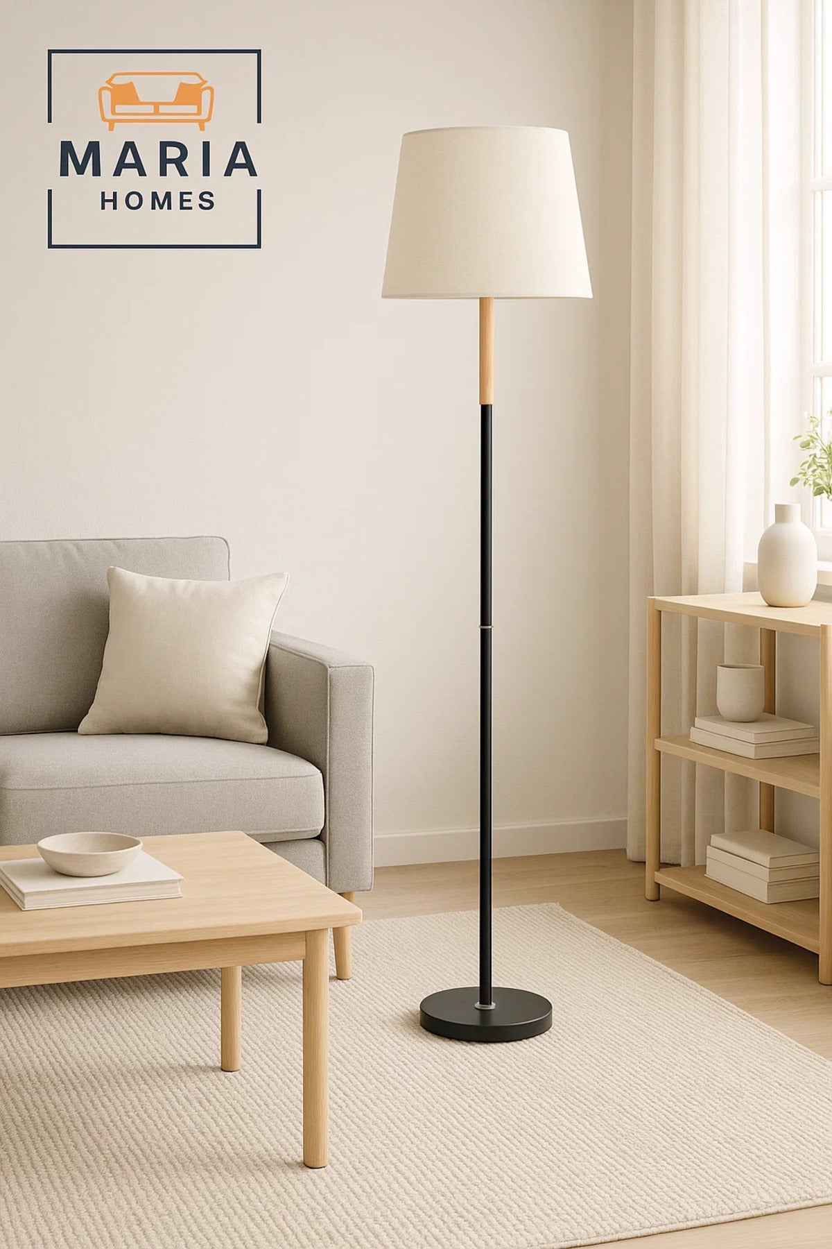 Modern Floor Lamp with Fabric Shade and Wooden Accent