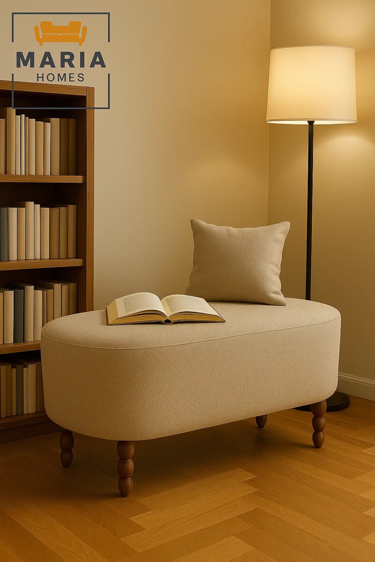 Large Oval Beige Ottoman with Wooden Turned Legs