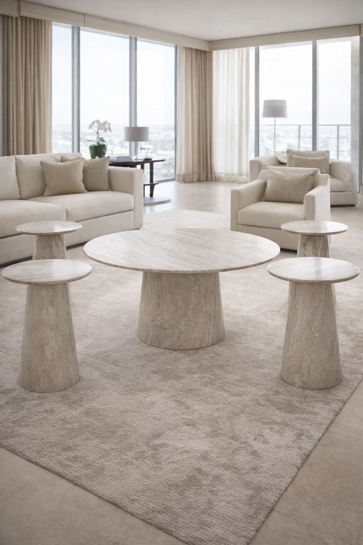 Premium 5-Piece Round Coffee Table Set with 4 Side Tables Marble Look for Modern Living Room