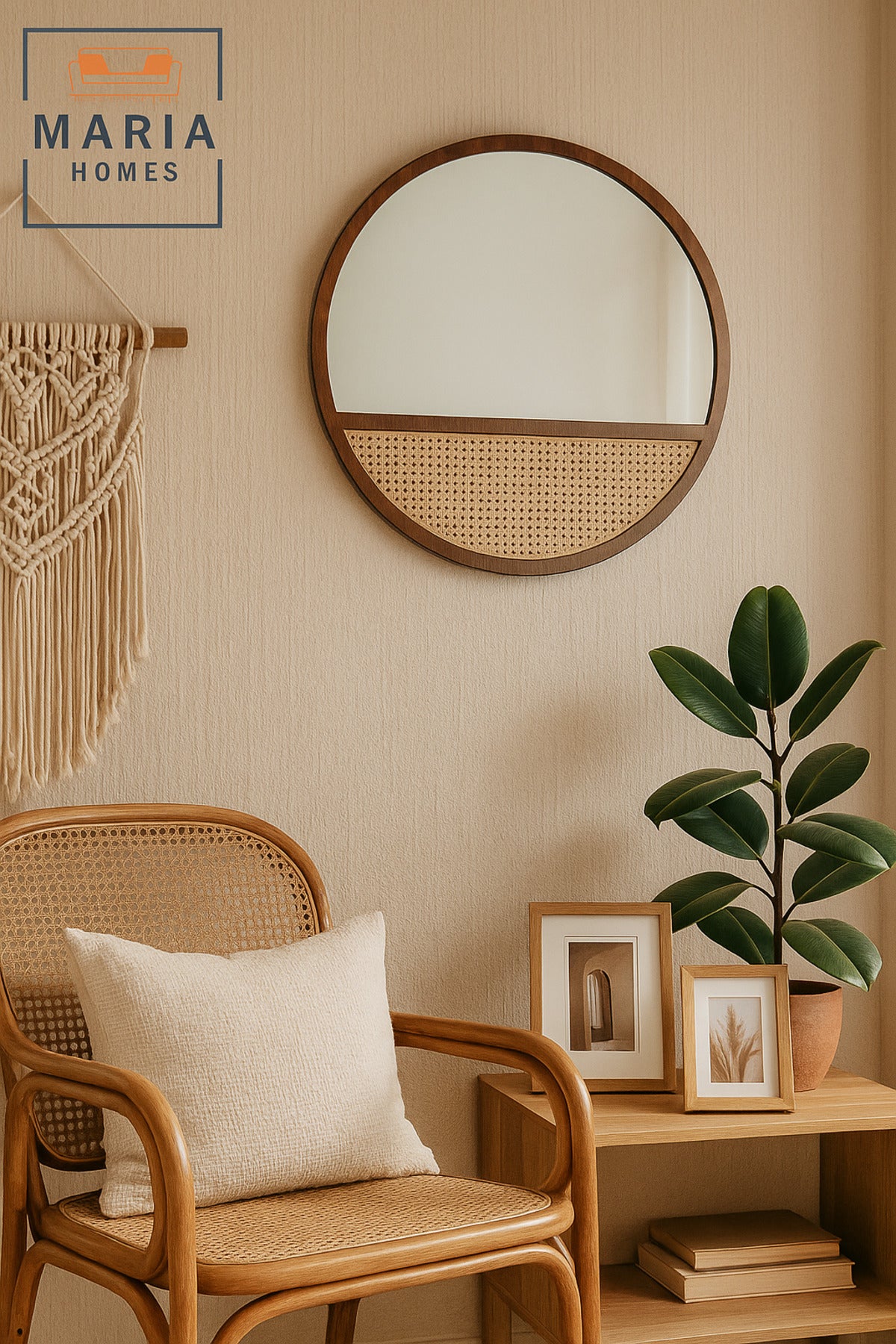 Round Wall Mirror 100 cm Ð Dark Wood Frame with Rattan Panel