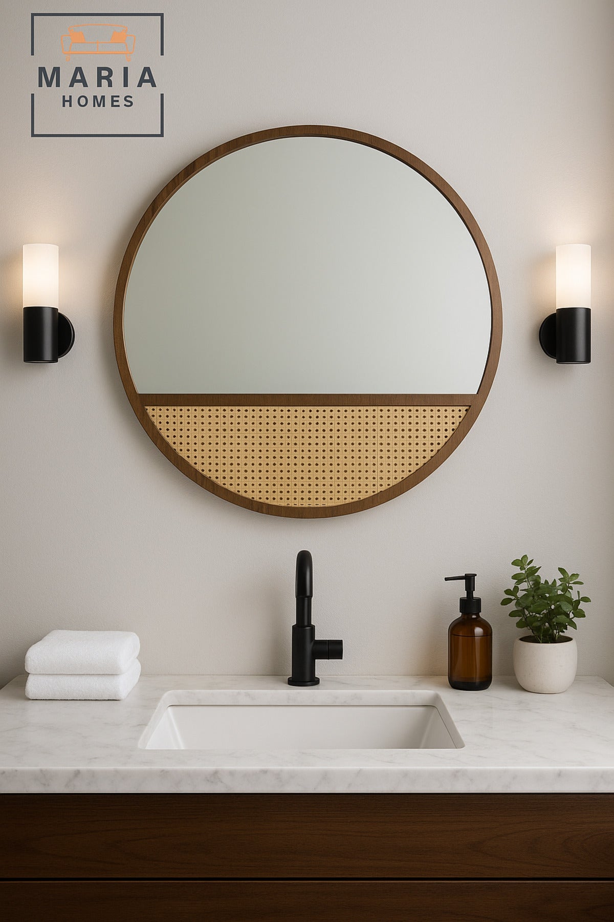 Round Wall Mirror 100 cm Ð Dark Wood Frame with Rattan Panel