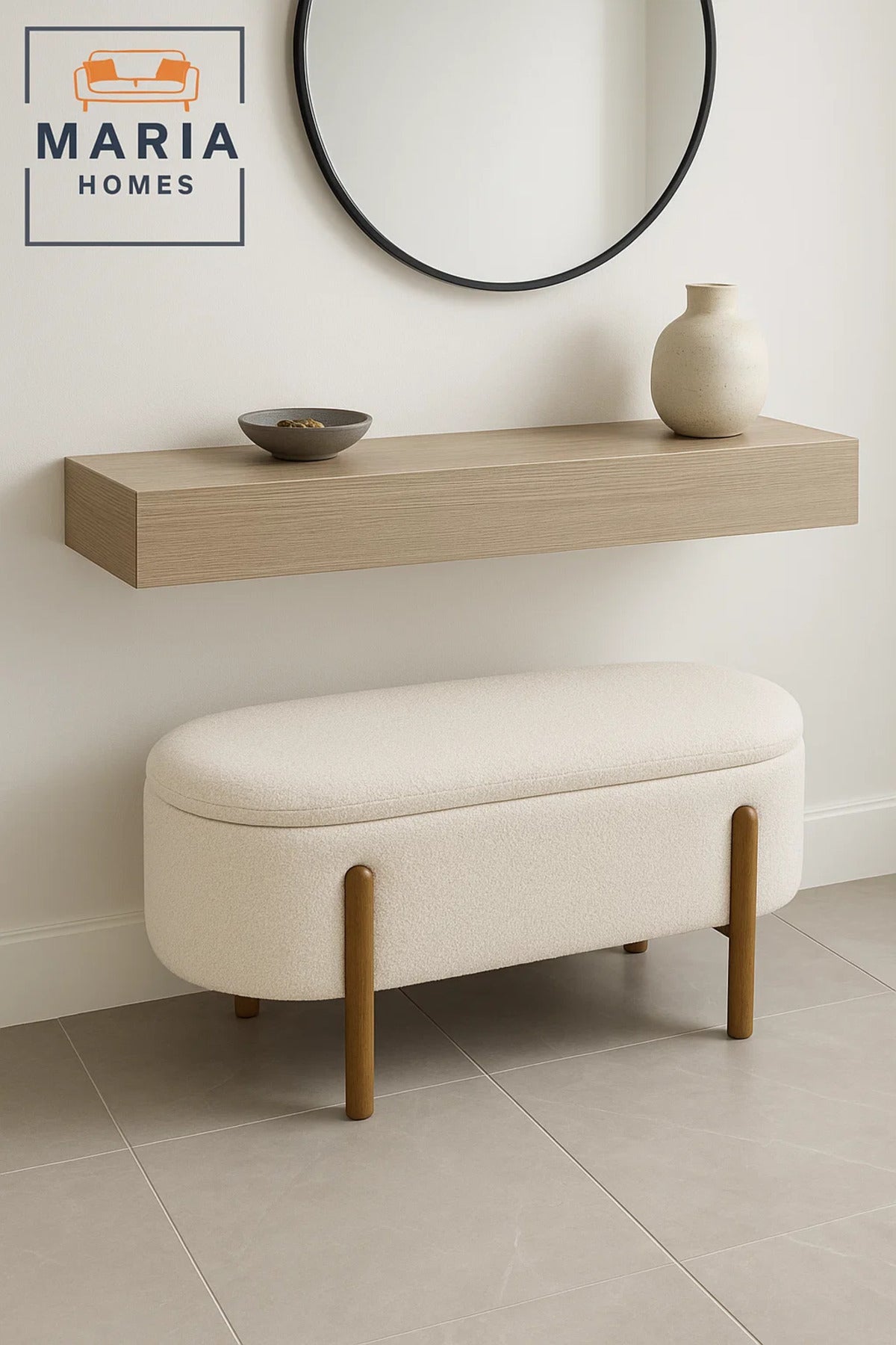 Large White Oval Ottoman with Tall Wooden Legs