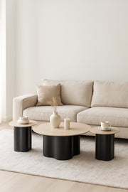 3Piece Round Coffee Table Set Beige Marble Top with Black Base 1 Large + 2 Small Modern Tables