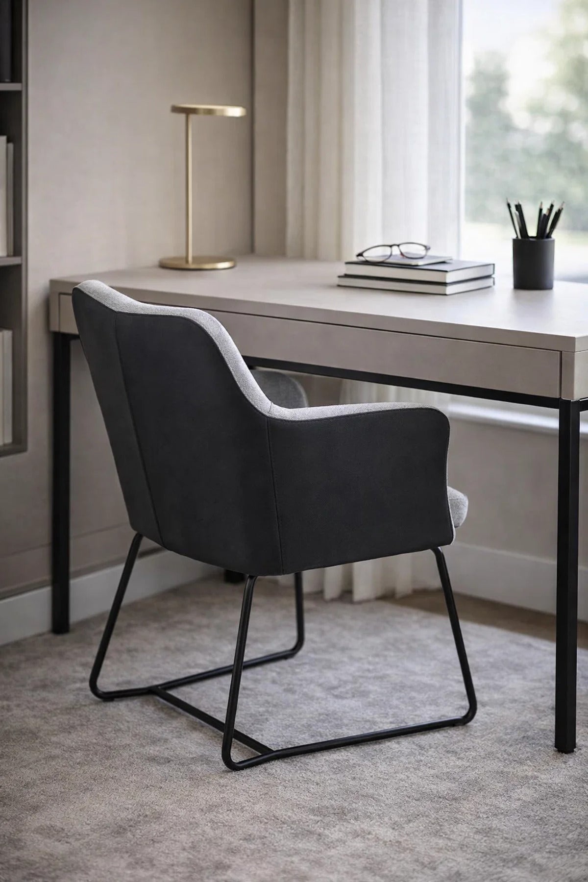 Stylish Grey Fabric and Black Leather Dining Armchair with Metal Sled Legs for Modern Home