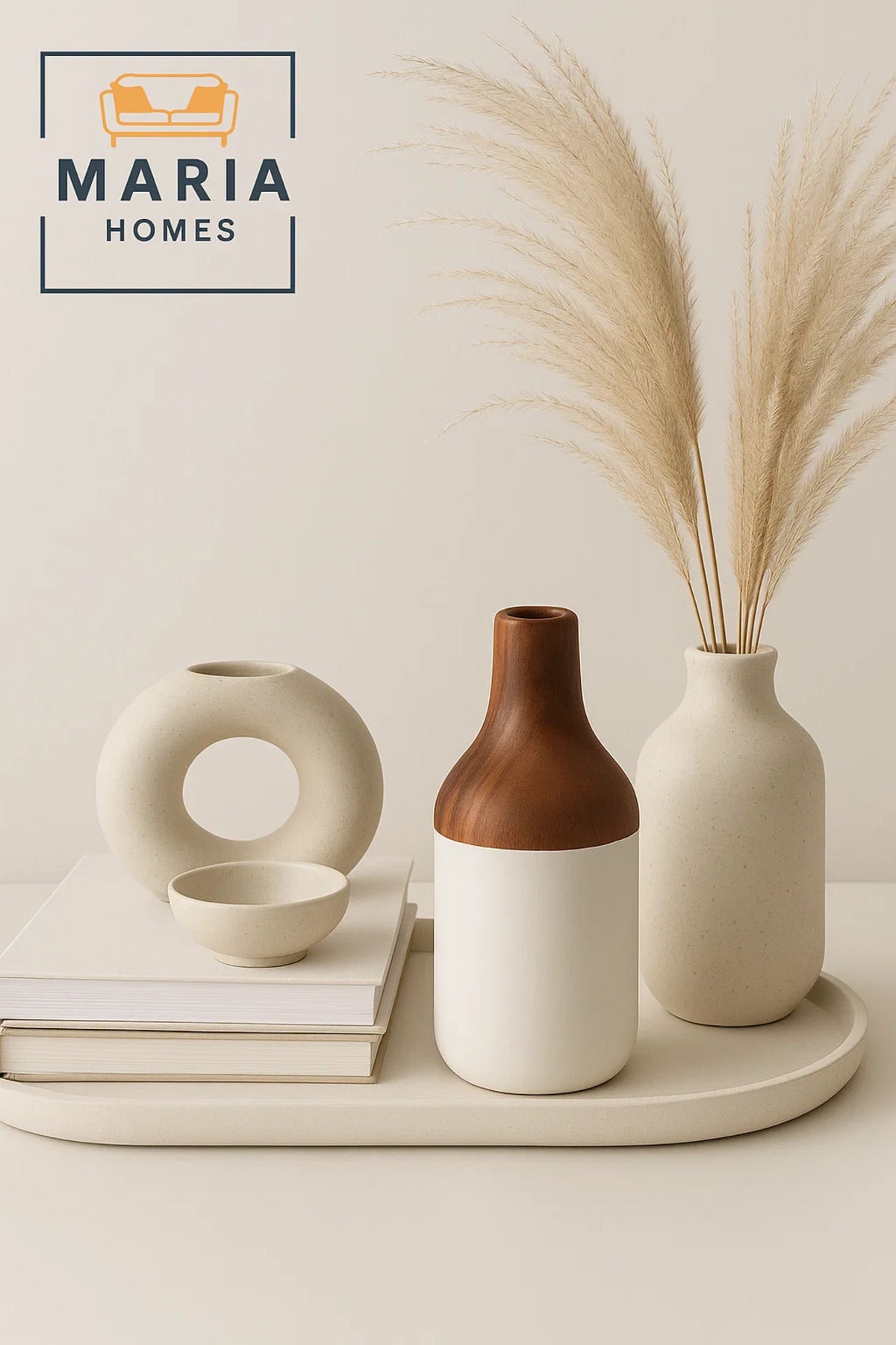 Two-Tone Ceramic Vase with Wood-Effect Neck and Glossy White Base Ð Bottle Shape
