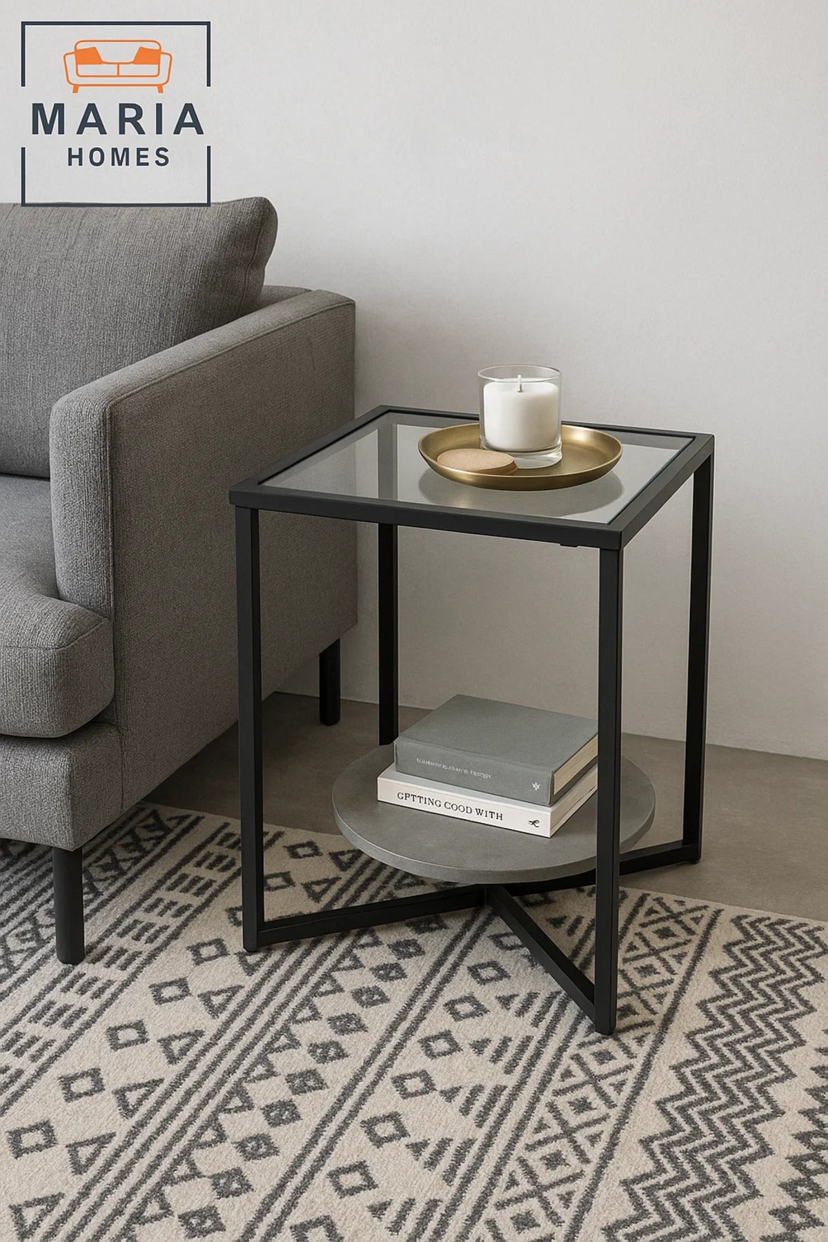 Modern Glass-Top Side Table with Black Metal Frame and Stone Shelf