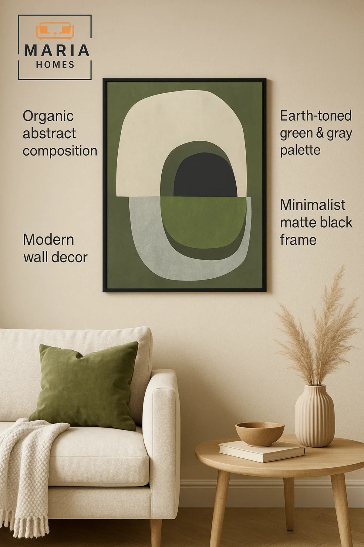 Framed Abstract Wall Art Ð Green & Neutral Organic Shapes Composition and 120*80 cm