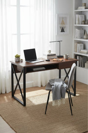 Stylish Brown Office Desk with White Metal Legs Modern Study Table for Home Workspace