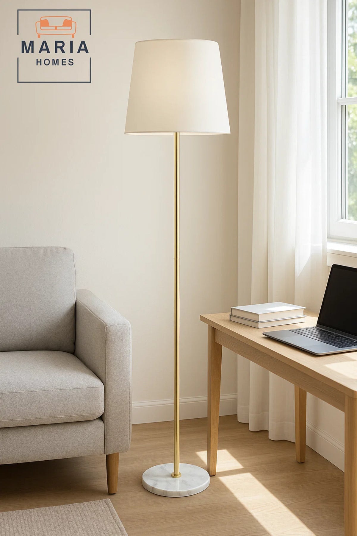 Gold Floor Lamp with White Shade and Marble Base
