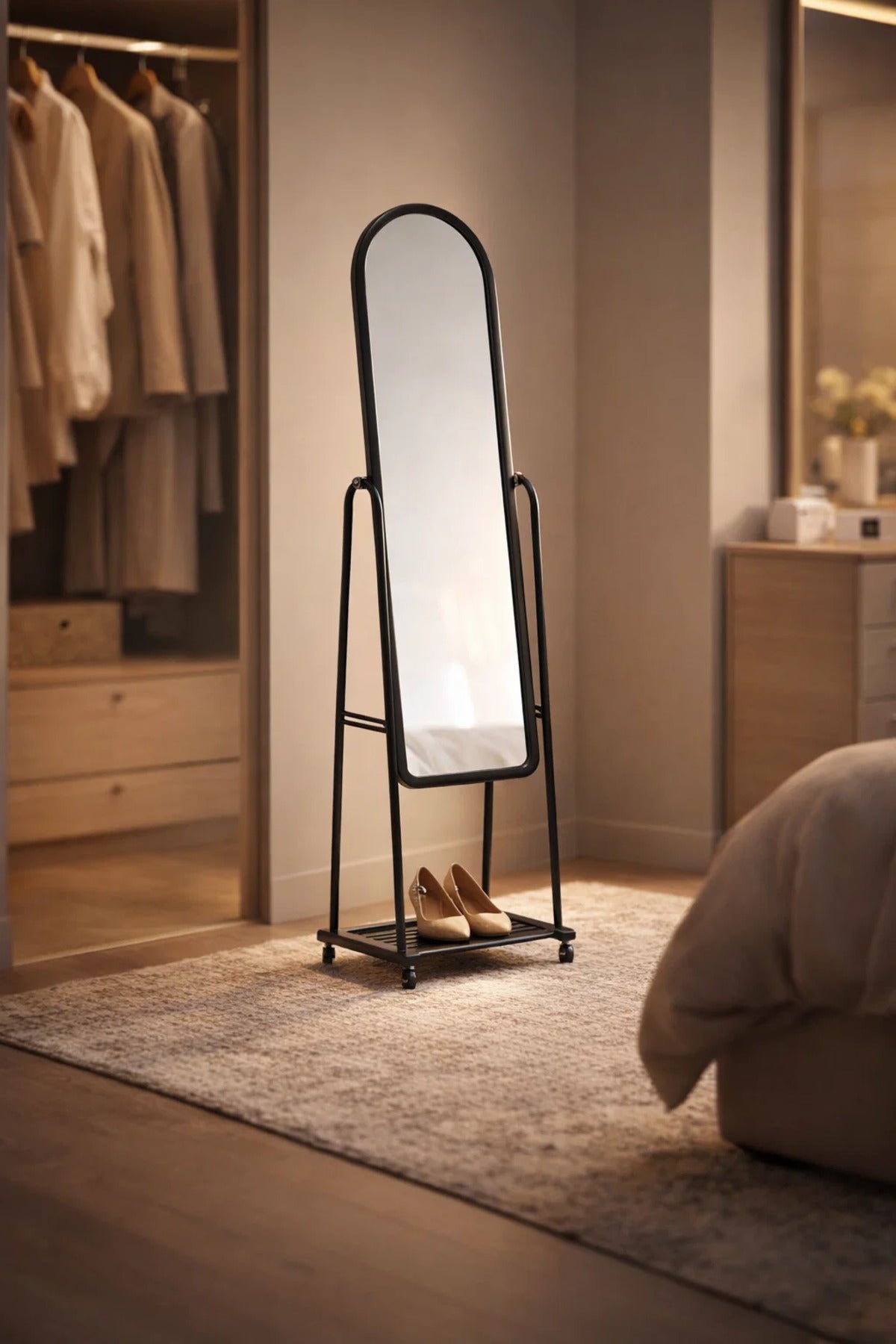 Modern Black Arched Full Length Standing Mirror with Wheels and Storage Shelf Mobile Bedroom Decor