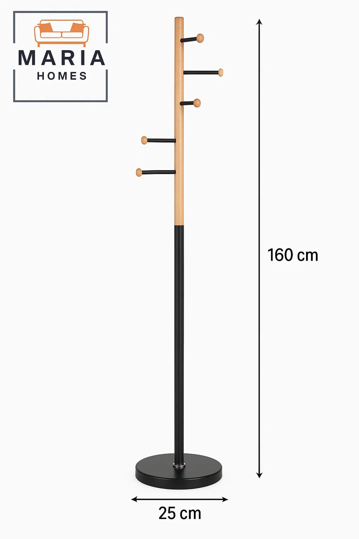 Contemporary Wooden Coat Rack with Black Metal Base and Side Hooks