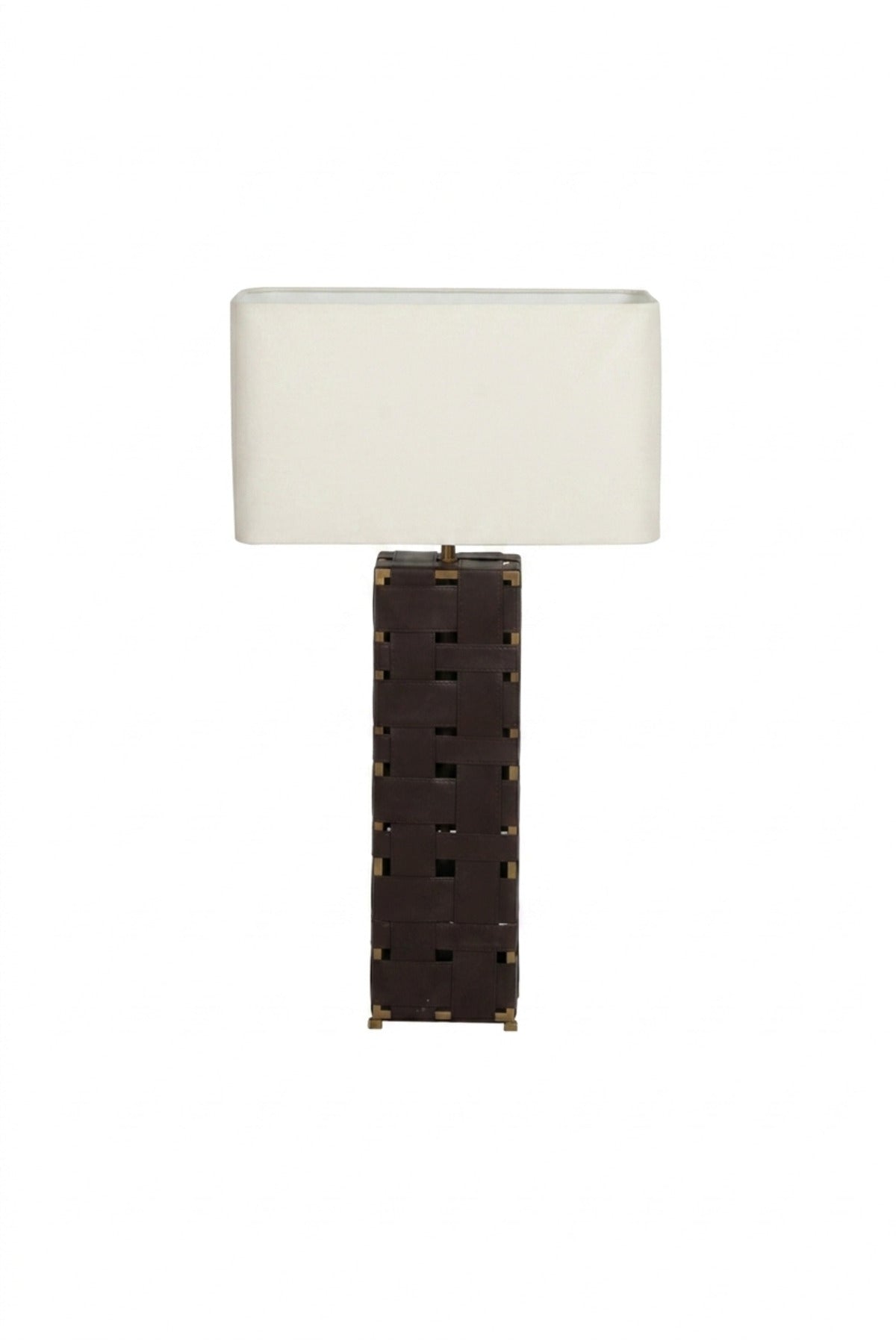 Luxury Woven Leather Table Lamp with White Rectangular Fabric Shade and Dark Brown Textured Base for Bedroom, Living Room, Office, Hotel and Bedside Décor