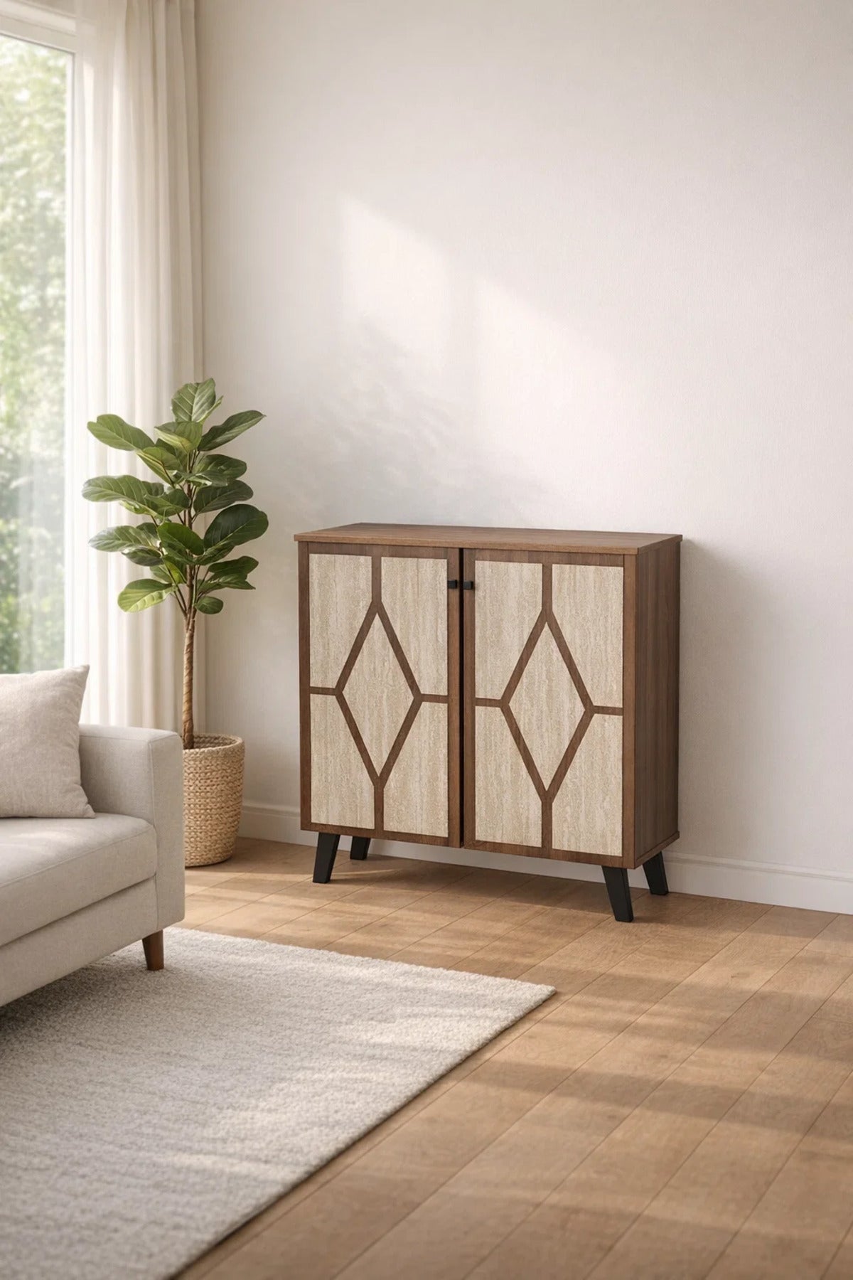 Brown and Beige Shoe Cabinet with Geometric Door Design 80 x 32 x 93 cm