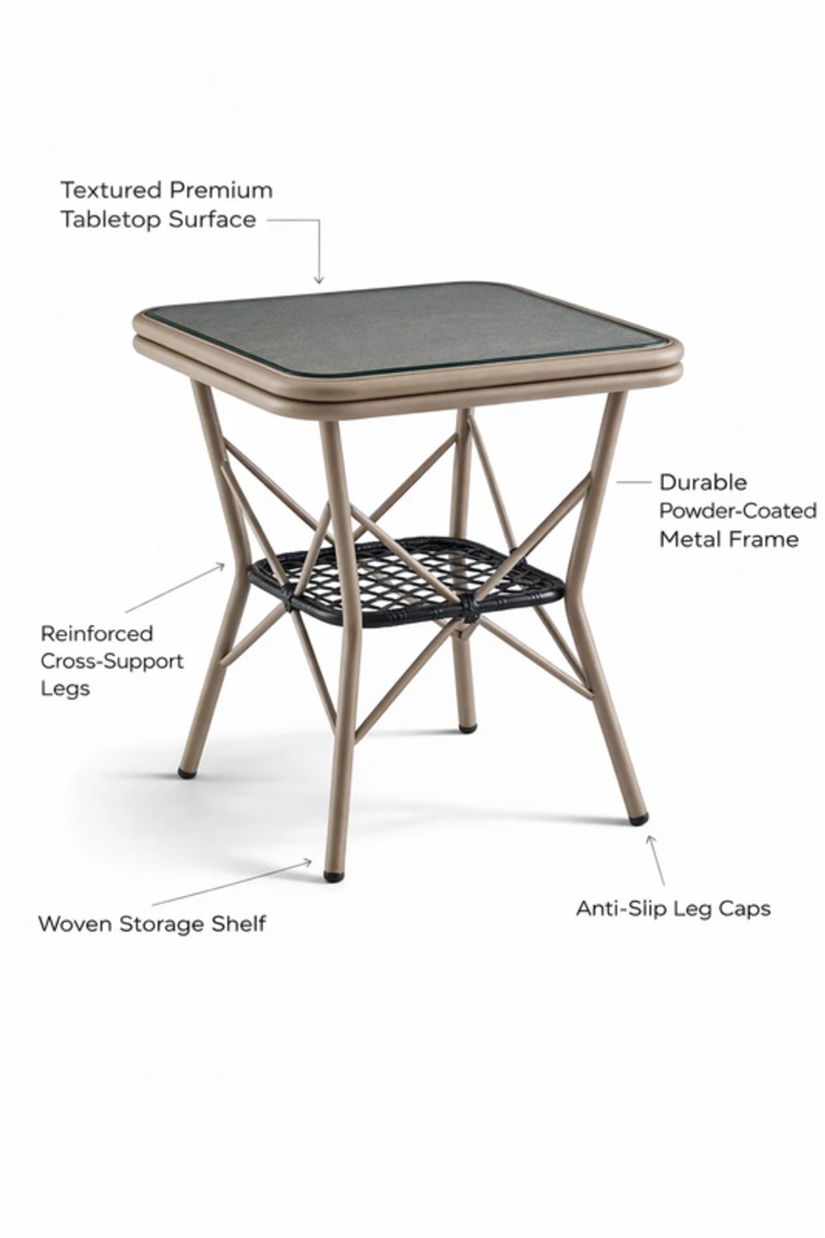 Modern Light Beige Square Table with Marble-Effect Top & Metal Cross Base