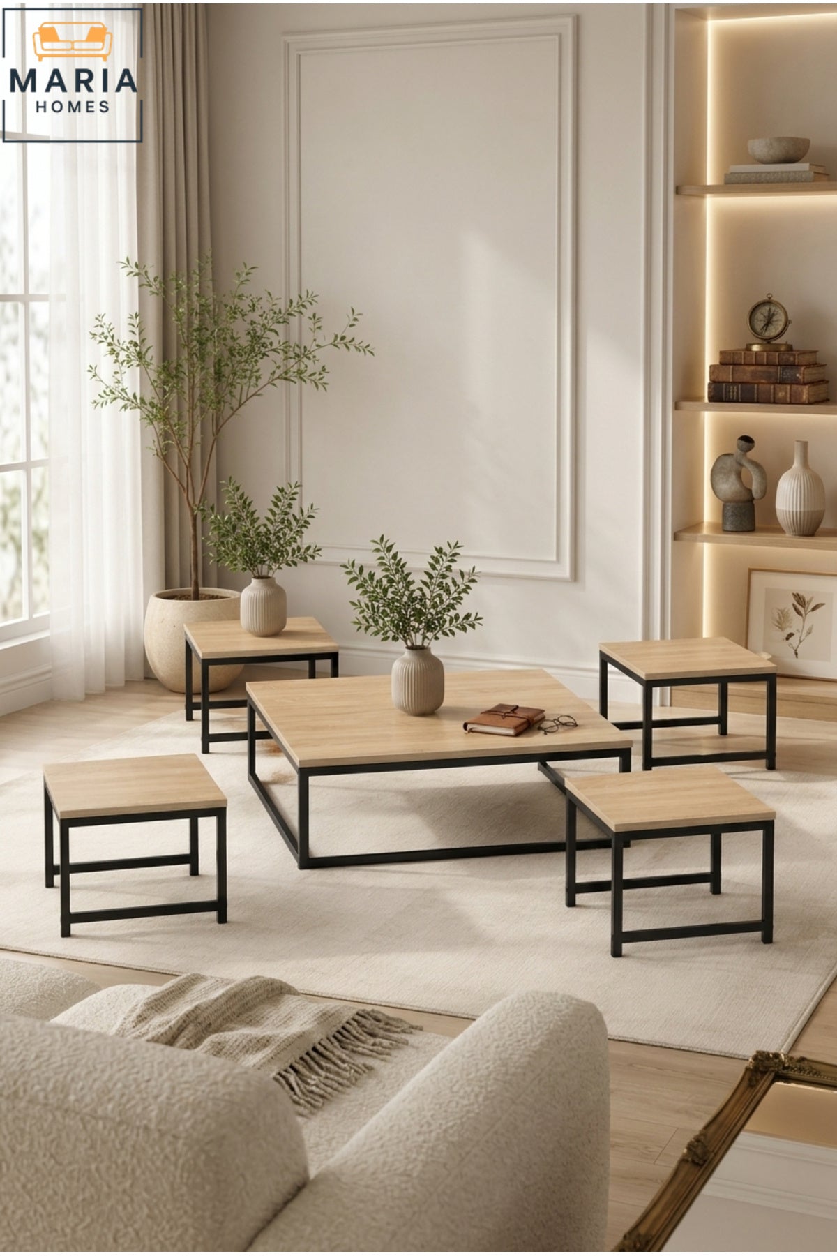 Modern Center Table set – Wooden Top with Metal Base, Living Room Coffee Table