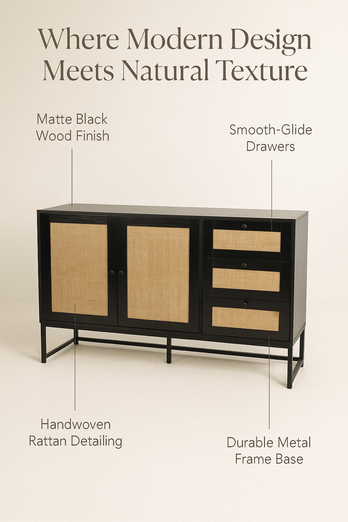 Black Rattan Console Table 120_40_85 cm Ð Modern Wooden Storage Cabinet with 2 Doors, 3 Drawers