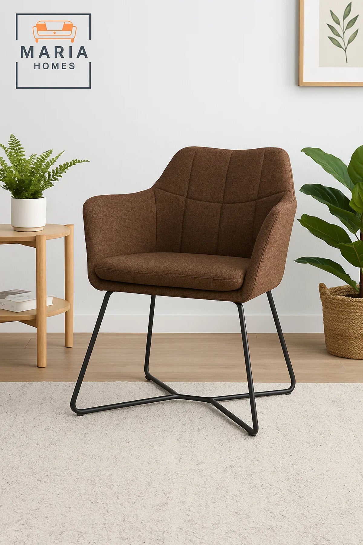 Brown Fabric Lounge Chair Ð Upholstered Armchair with Sled Black Metal Legs for Home or Office Use