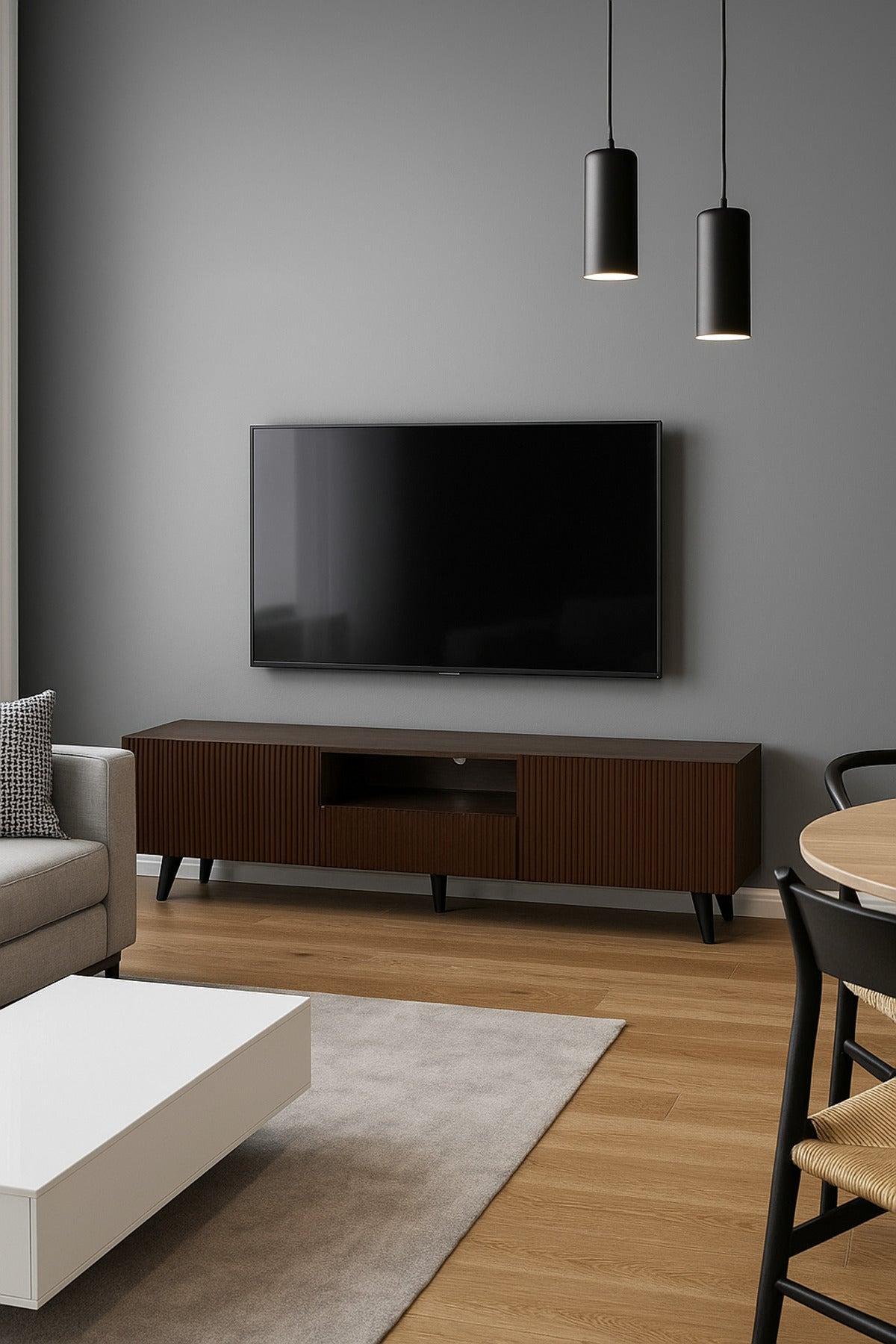 Brown Wooden TV Stand 160_40_55 cm Ð Modern Ribbed Design TV Unit with Storage Cabinets and