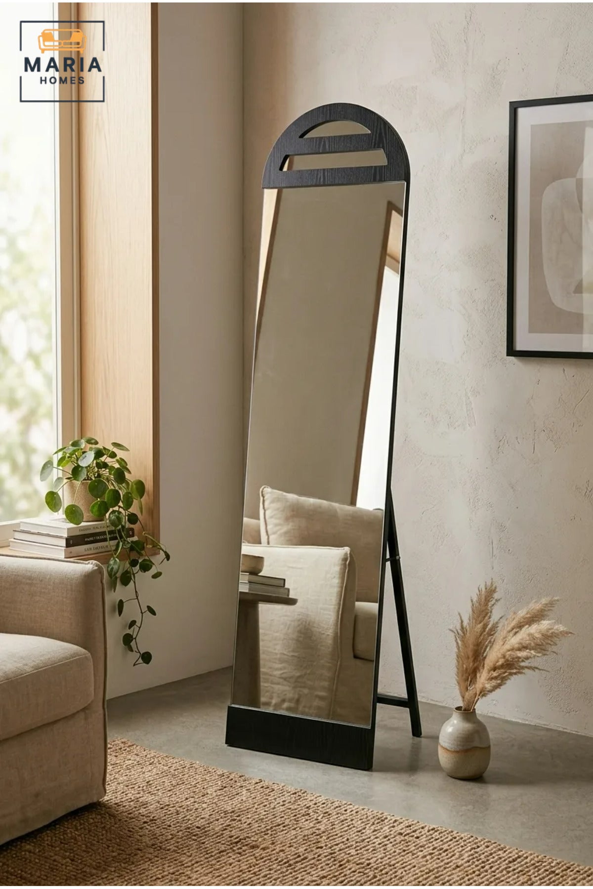Modern Black Full Length Floor Mirror with Arched Wooden Frame and Freestanding Support for Bedroom, Dressing Room, Entryway, Salon and Boutique
