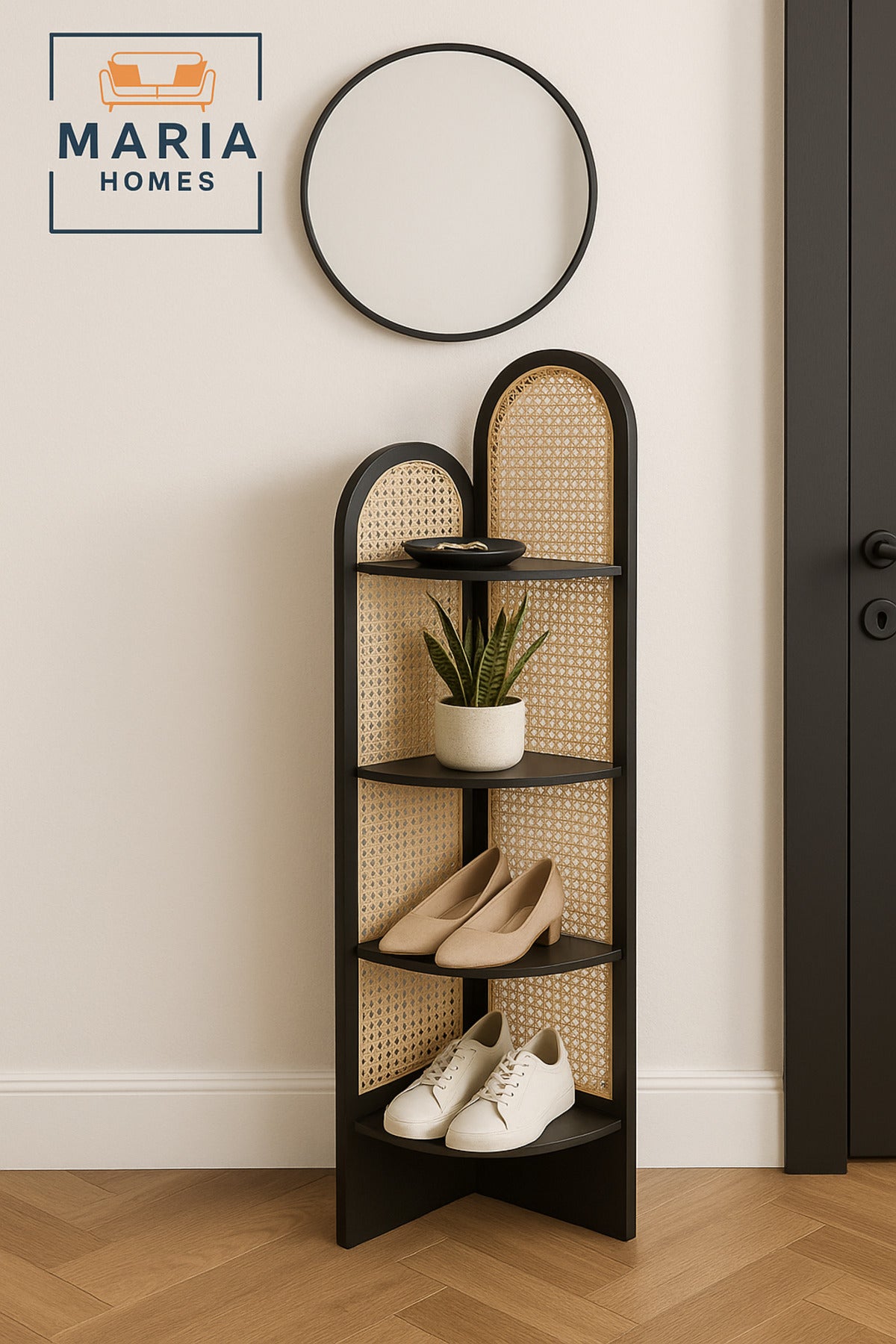 Black Rattan Corner Shelf Ð 180_40_40 cm Modern Space-Saving Display Rack