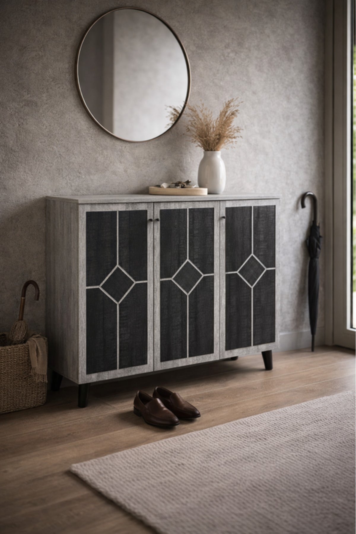 Modern Grey Wood Shoe Cabinet 3-Door Entryway Organizer Rack Geometric Design 120cm Width
