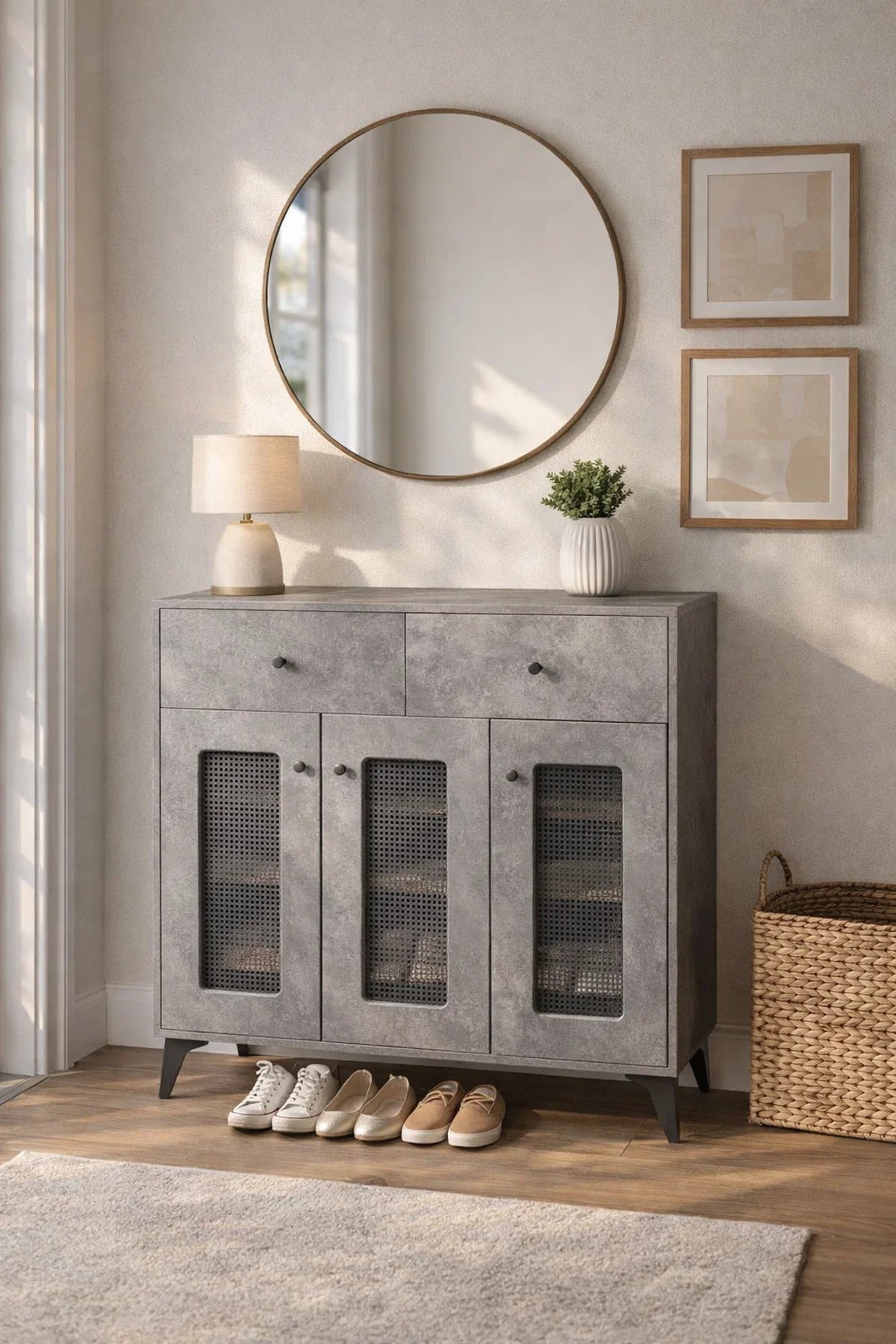 Modern Grey Shoe Cabinet with 3 Doors 2 Drawers Rattan Mesh Entryway Storage Organizer 100cm Unit