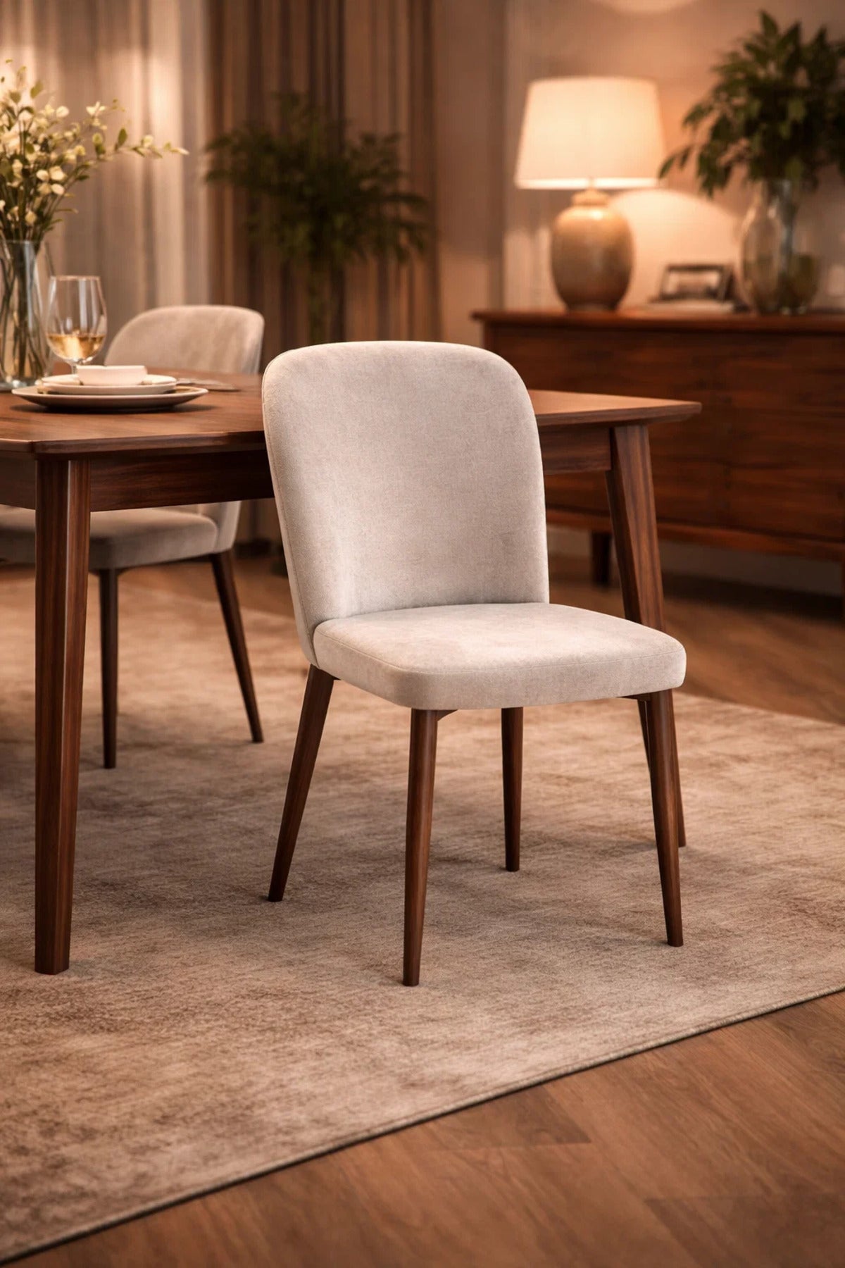 Premium Dark Beige Fabric Dining Chair with Elegant Dark Legs for Stylish Kitchen Dining Area