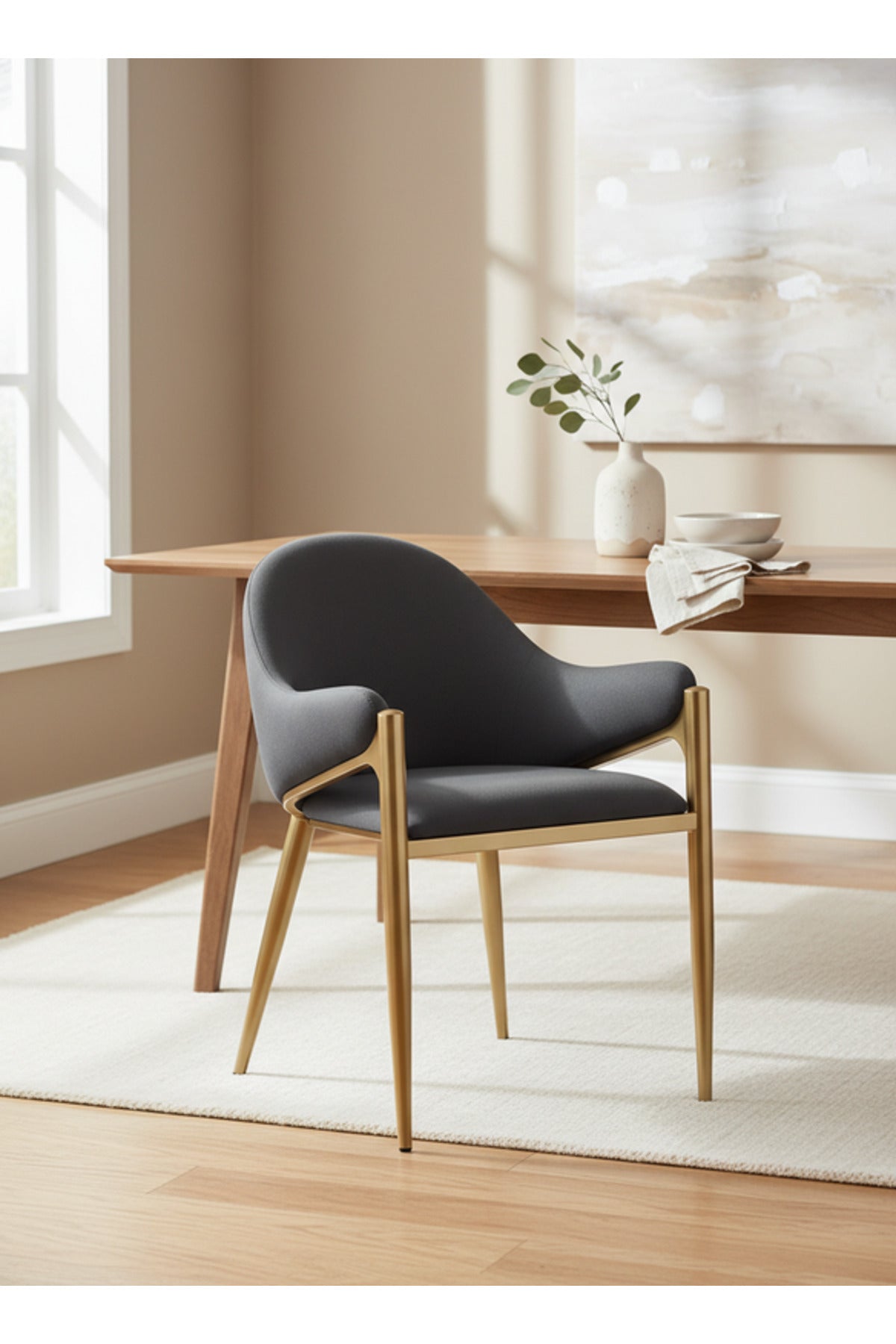 Luxury Dark Grey Velvet Dining Chair with Gold Metal Legs & Armrests