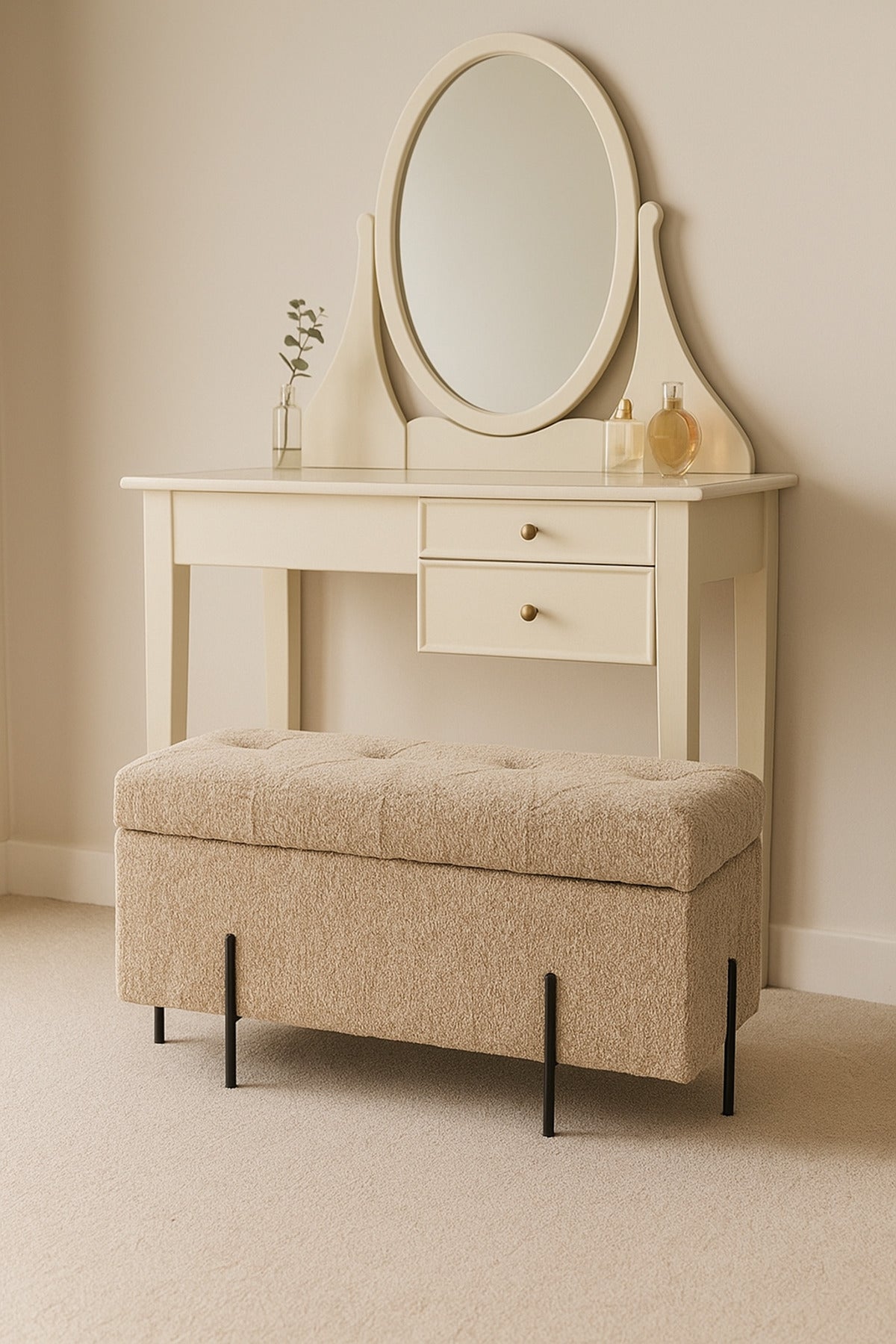 Brown Storage Bench with Tufted Fabric Seat & Black Metal Legs Ð 90_38_40 cm