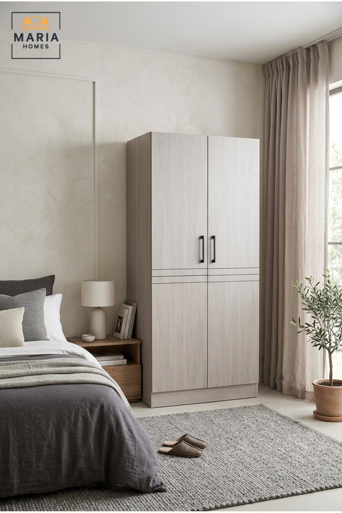 Modern 2-Door Wooden Wardrobe with Hanging Rail and Storage Shelves, Compact Freestanding Closet for Bedroom, Guest Room and Apartment