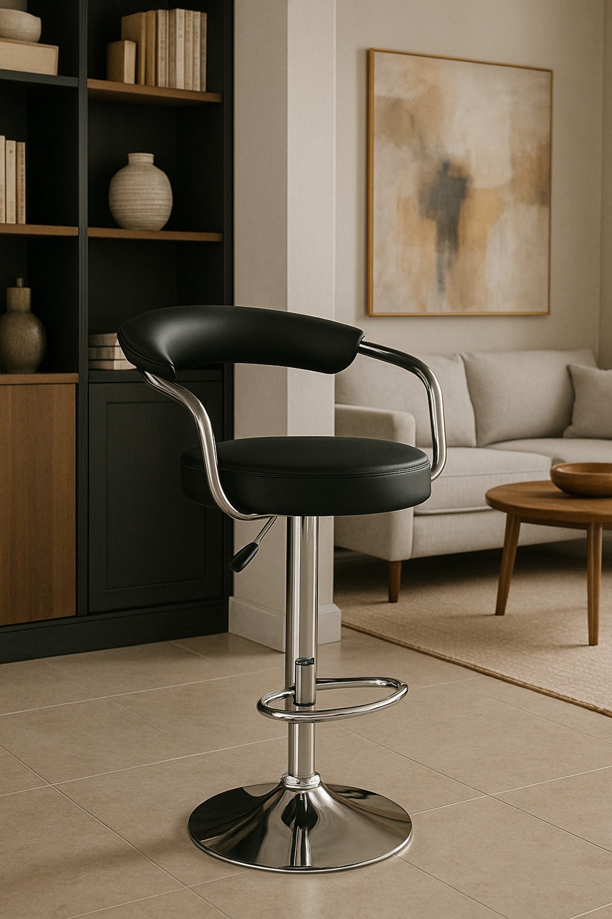 Adjustable Black Bar Stool With Chrome Base And Curved Backrest Ð Modern Design For Home Or Bar Use