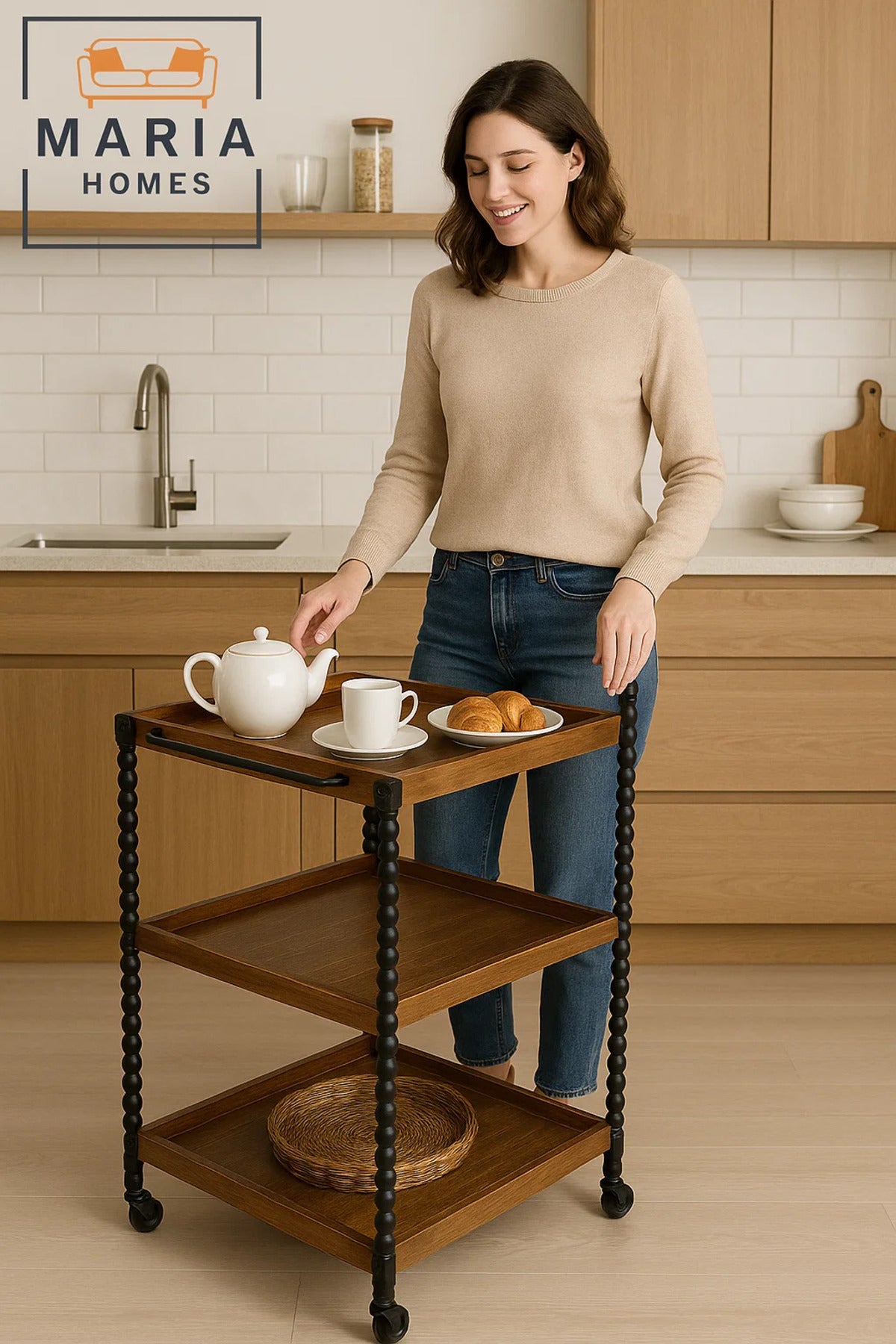 Rustic 3-Tier Wooden Bar Cart Ð Serving Trolley with Black Spindle Legs and Rolling Wheels