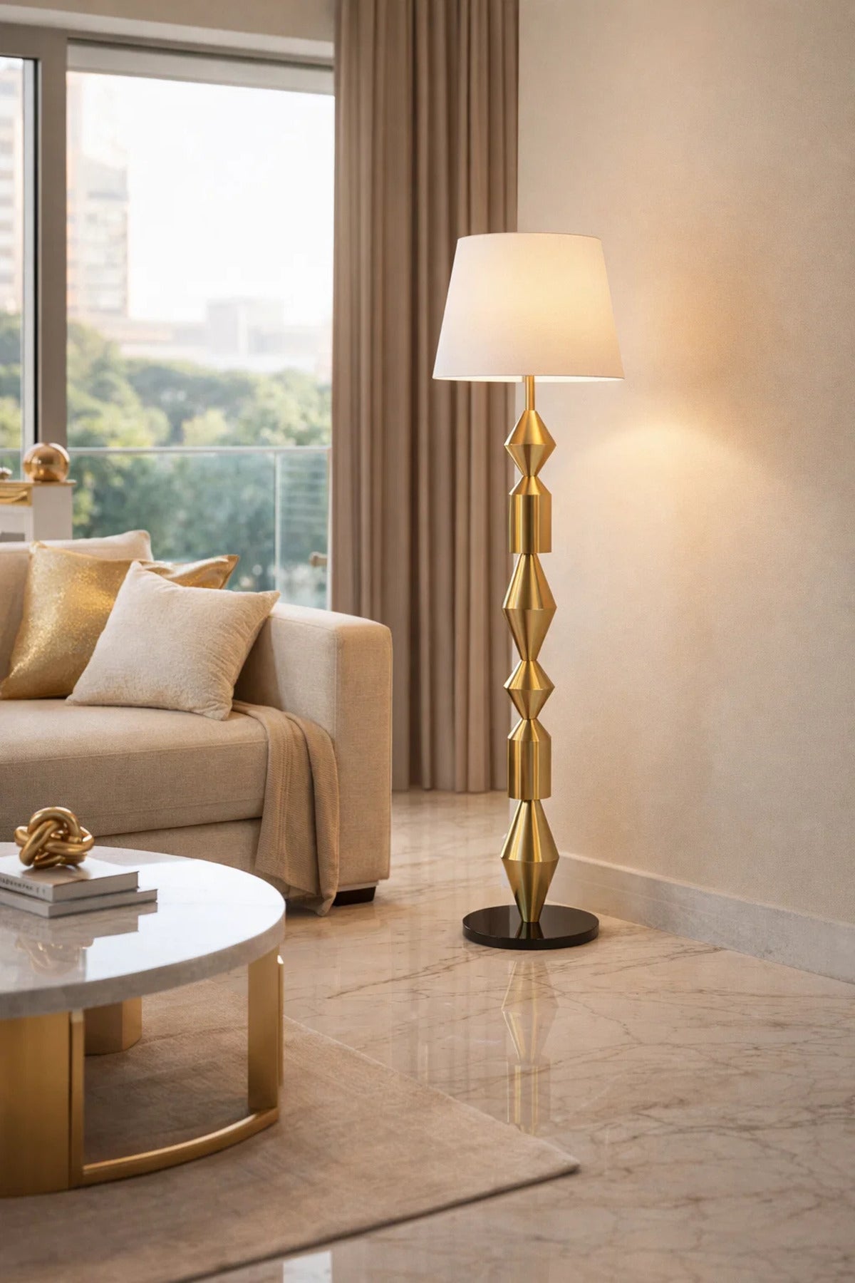 Modern Decorative Floor Lamp with Fabric Shade and Geometric Base Design