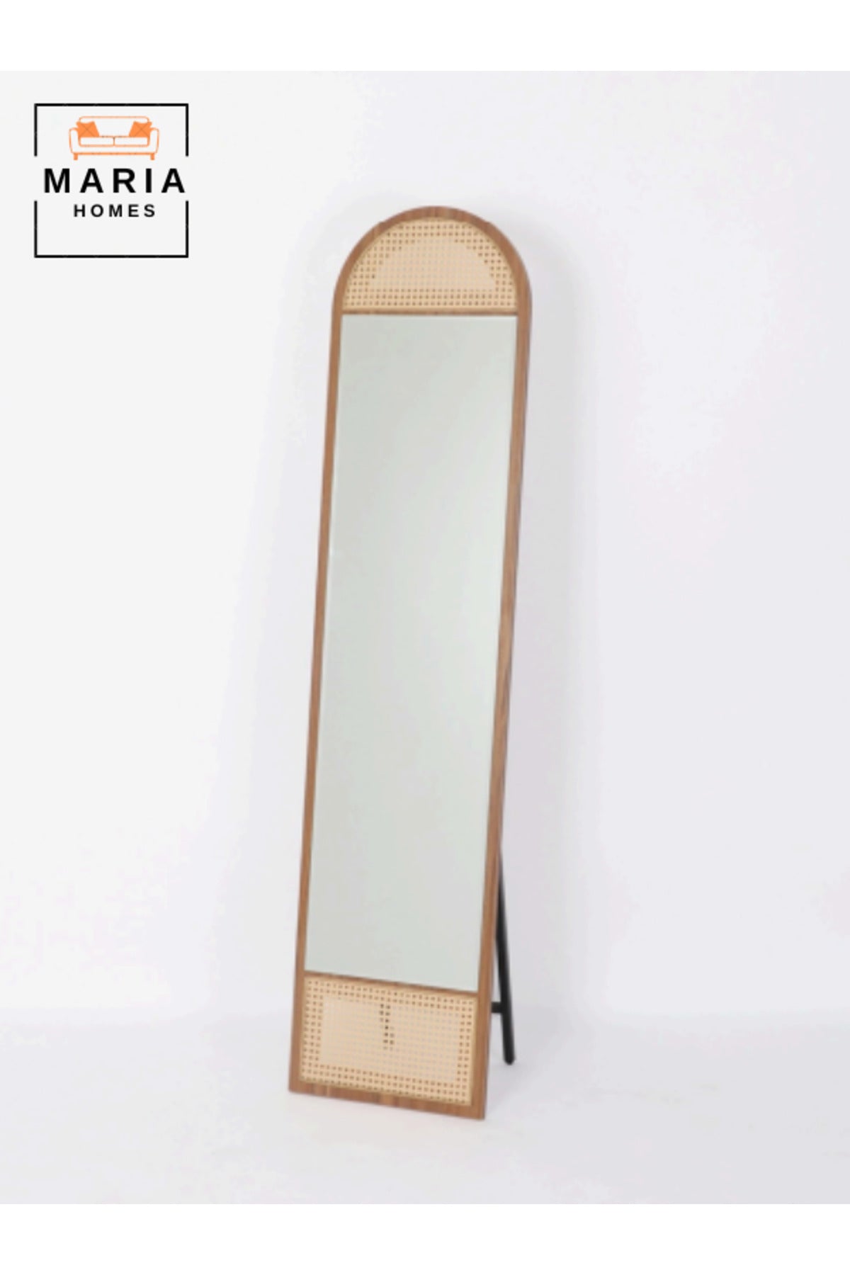 Arched Rattan Full-Length Standing Mirror Natural Wood Frame Mirror for Bedroom & Dressing Area