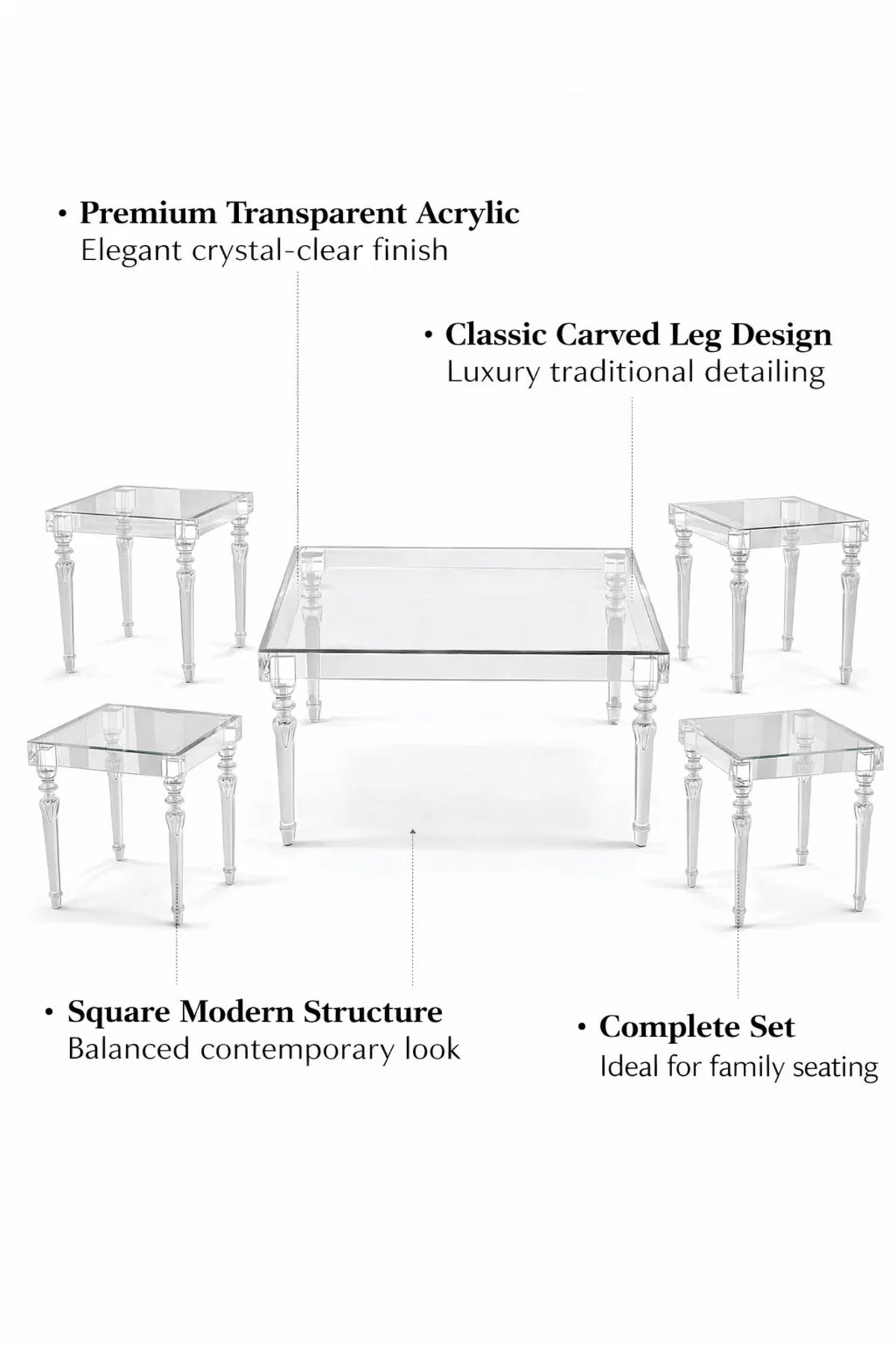 Elegant Transparent Acrylic Living Room Set 5-Piece Square Coffee Table with 4 End Tables