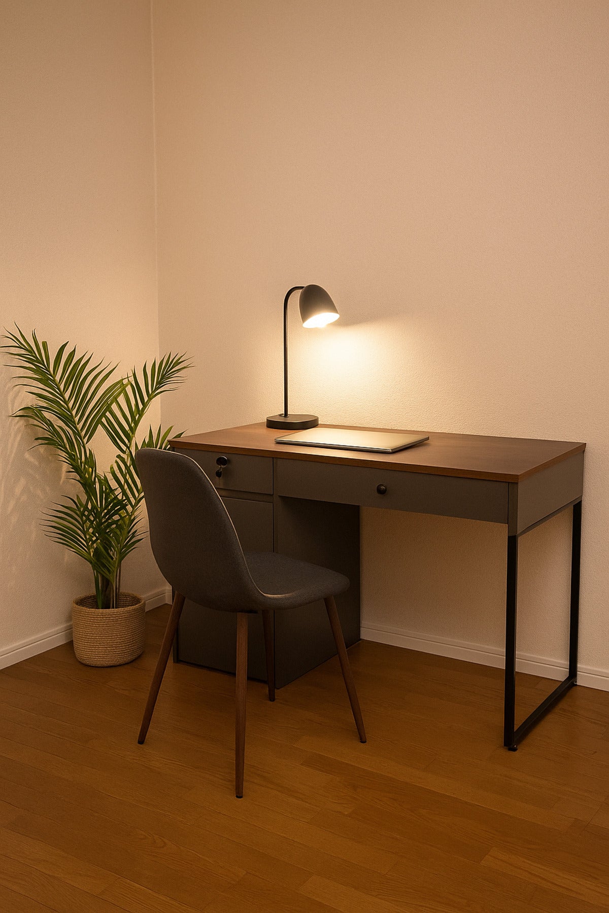 Modern Office Desk 120_60x75 cm Ð Gray + Walnut Table with Drawer & Storage Cabinet