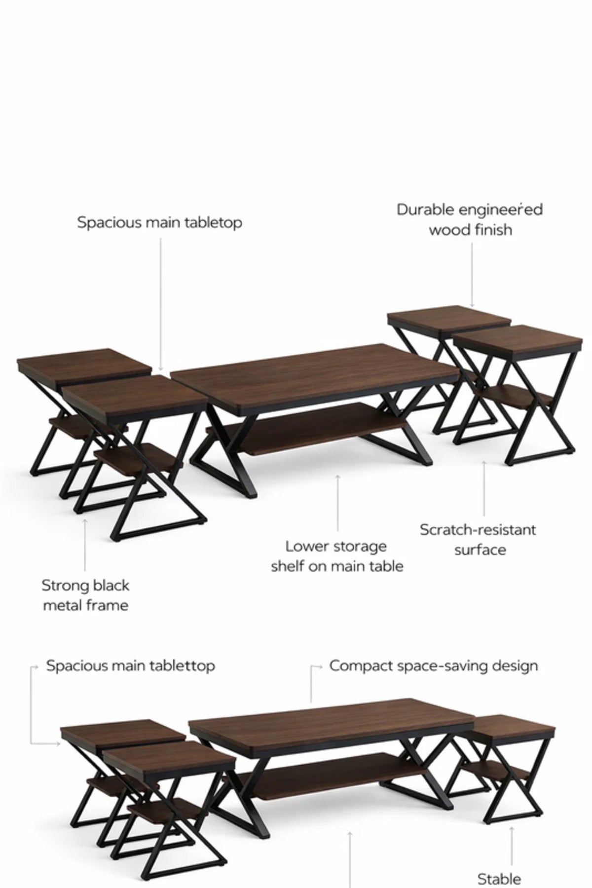 Modern 5-Piece COFEE Center Table Set with Metal Frame and Wood Finish