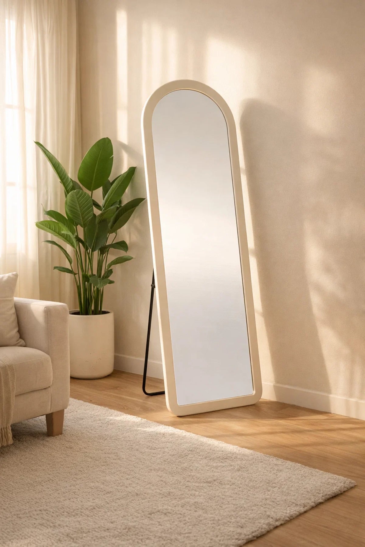 Modern Off-White Arched Full Length Stand Mirror 160x60cm for Bedroom Living Room Home Decor