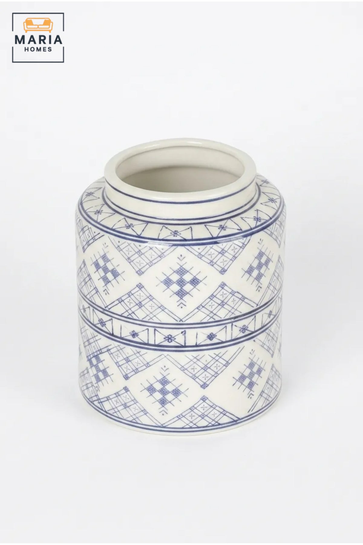 Blue and White Patterned Decorative Vase, Modern Cylindrical Ceramic Flower Holder with Wide Opening for Living Room, Bedroom, Office, Shelf and Table Décor