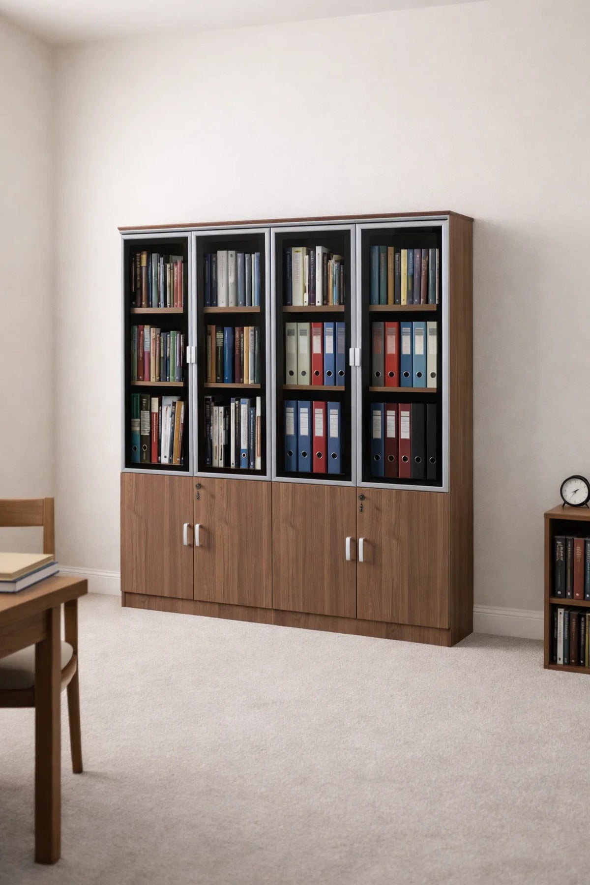Modern Light Brown Office File Cabinet with Glass Display Doors and Secure Storage 160cm Wide