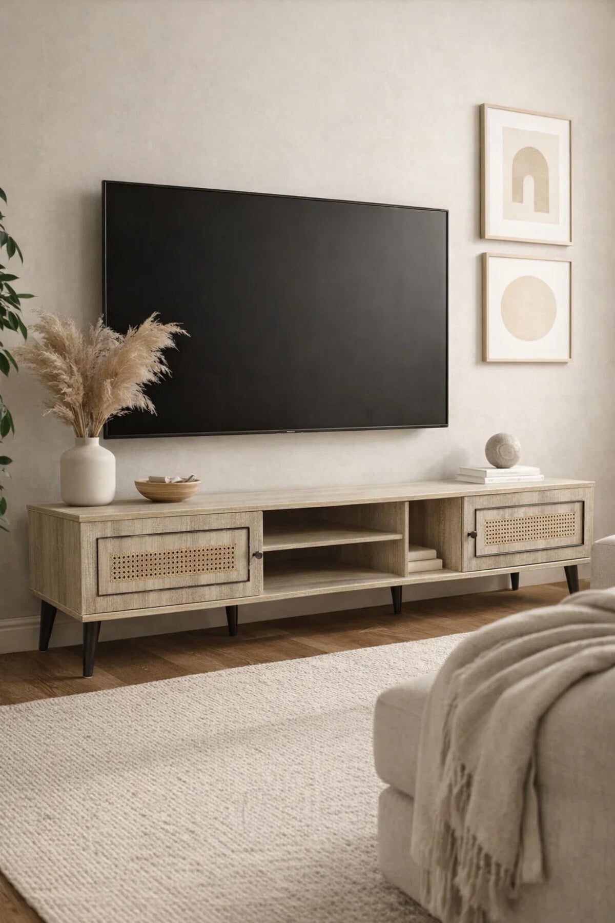 Modern Beige TV Unit with Rattan Doors, Long Entertainment Center Stand for Living Room Decor