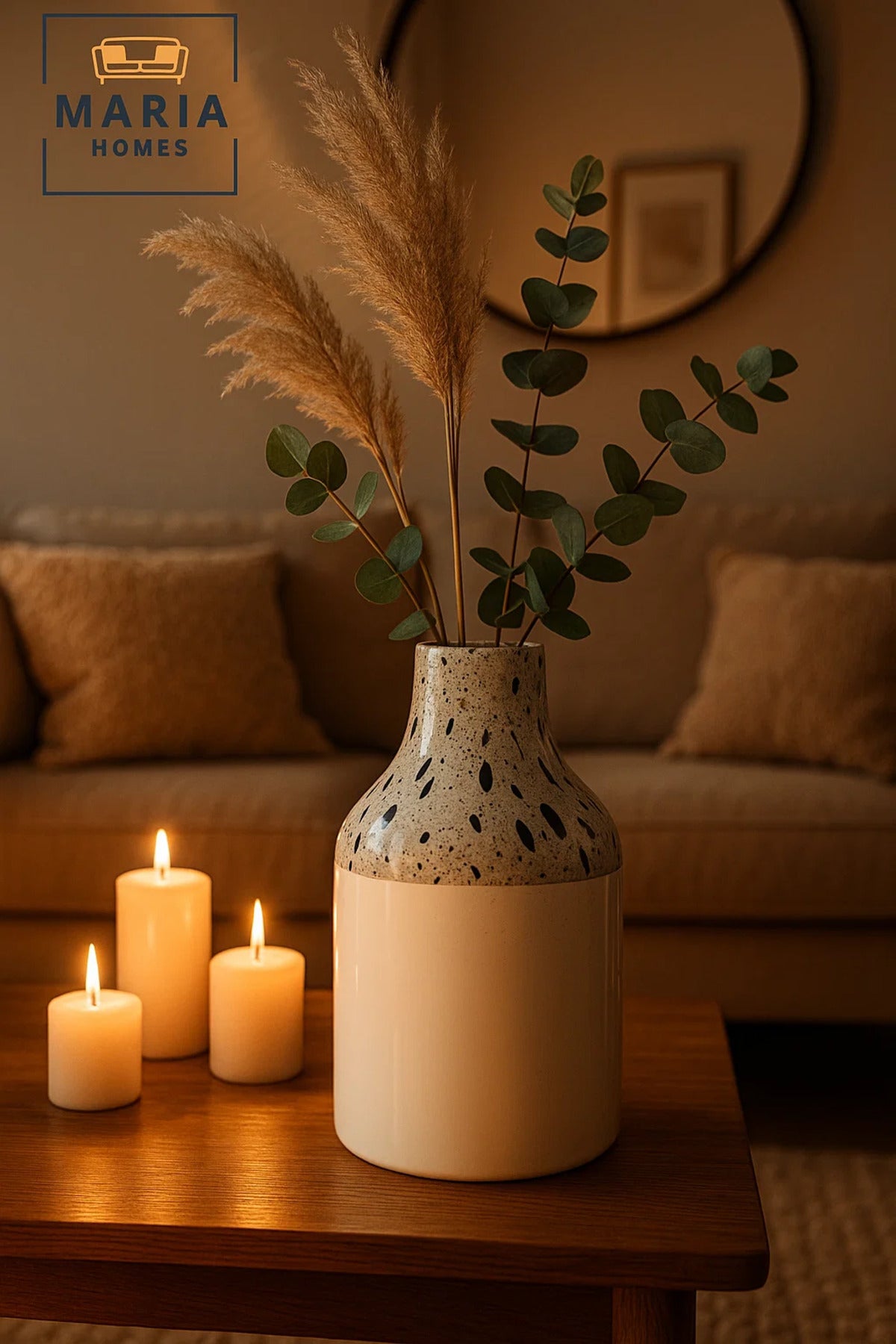 White Ceramic Vase with Terrazzo Speckled Neck – Modern Glossy Decorative Flower Pot
